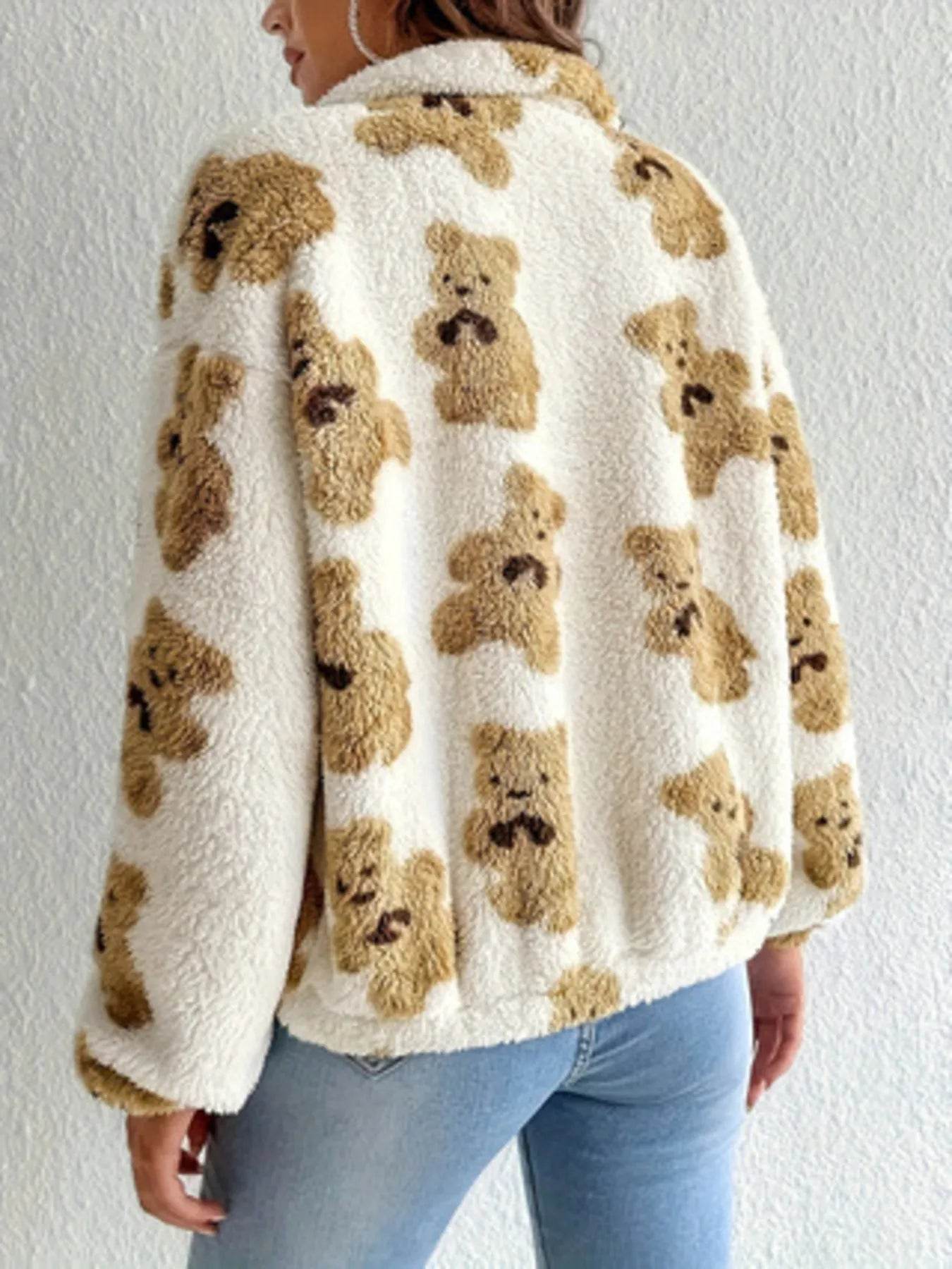 Bear Print Fleece Zip Up Outerwear - ELY VESSA LLC