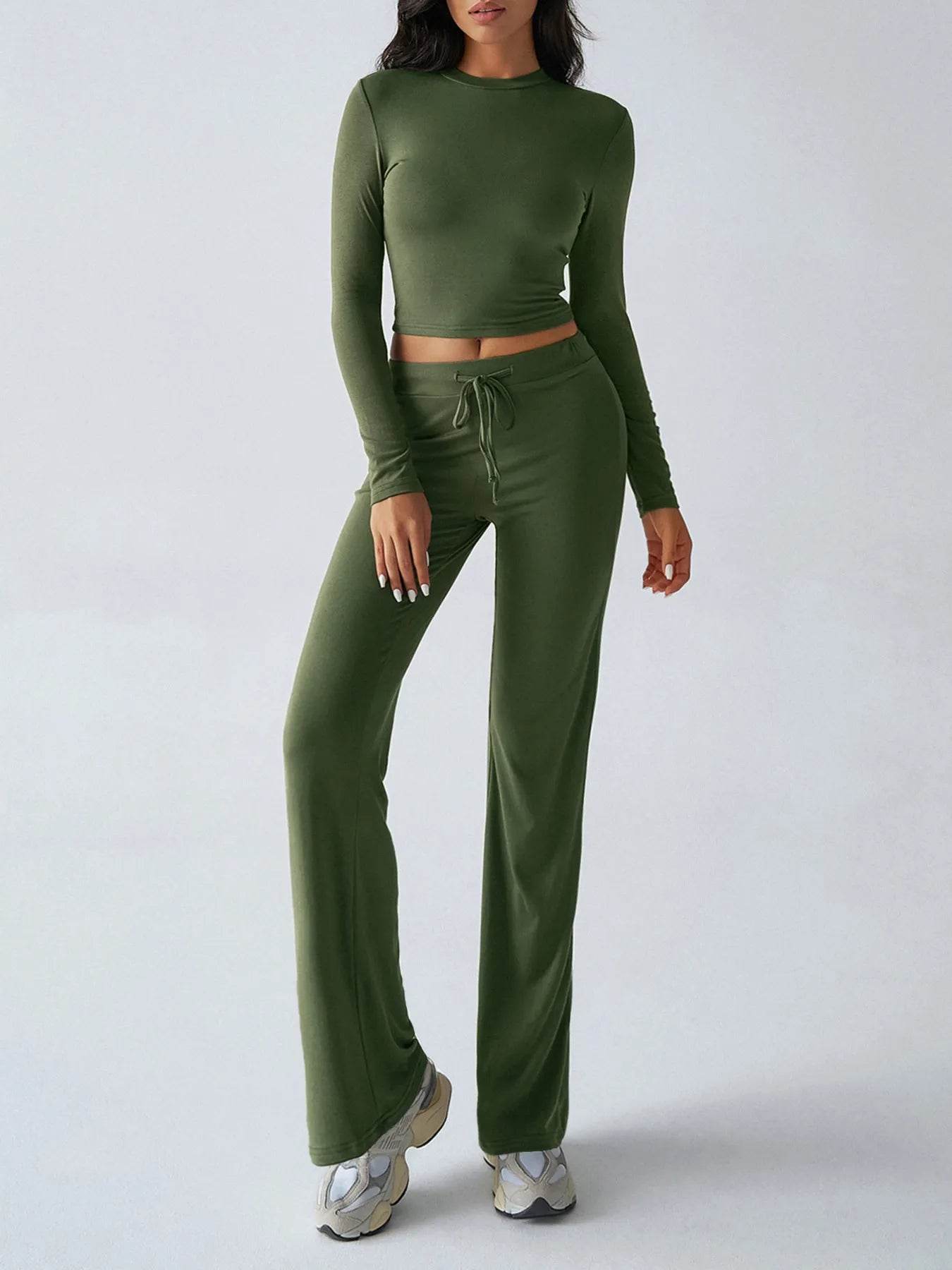 Round Neck Long Sleeve Top and Pants Set - ELY VESSA LLC