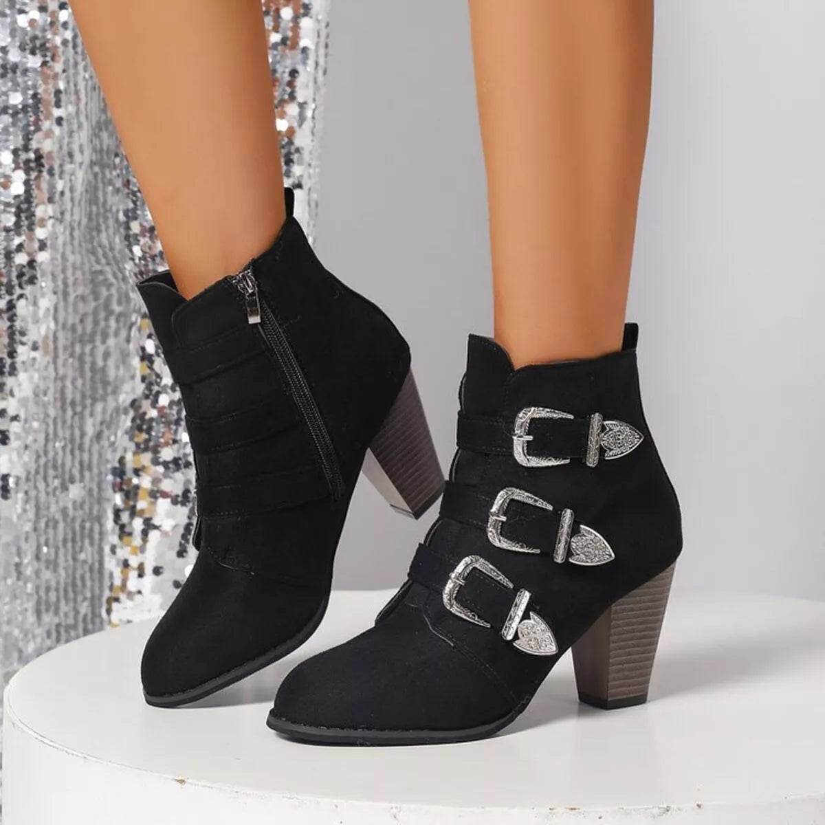 Point Toe Block Heels Boots - ELY VESSA LLC
