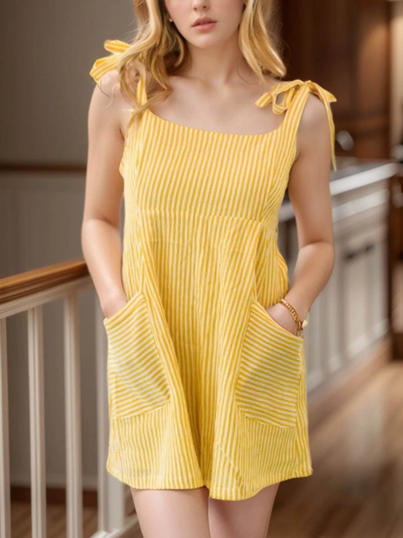 Stripe Shoulder Tie Smocked Back Casual Romper - ELY VESSA LLC