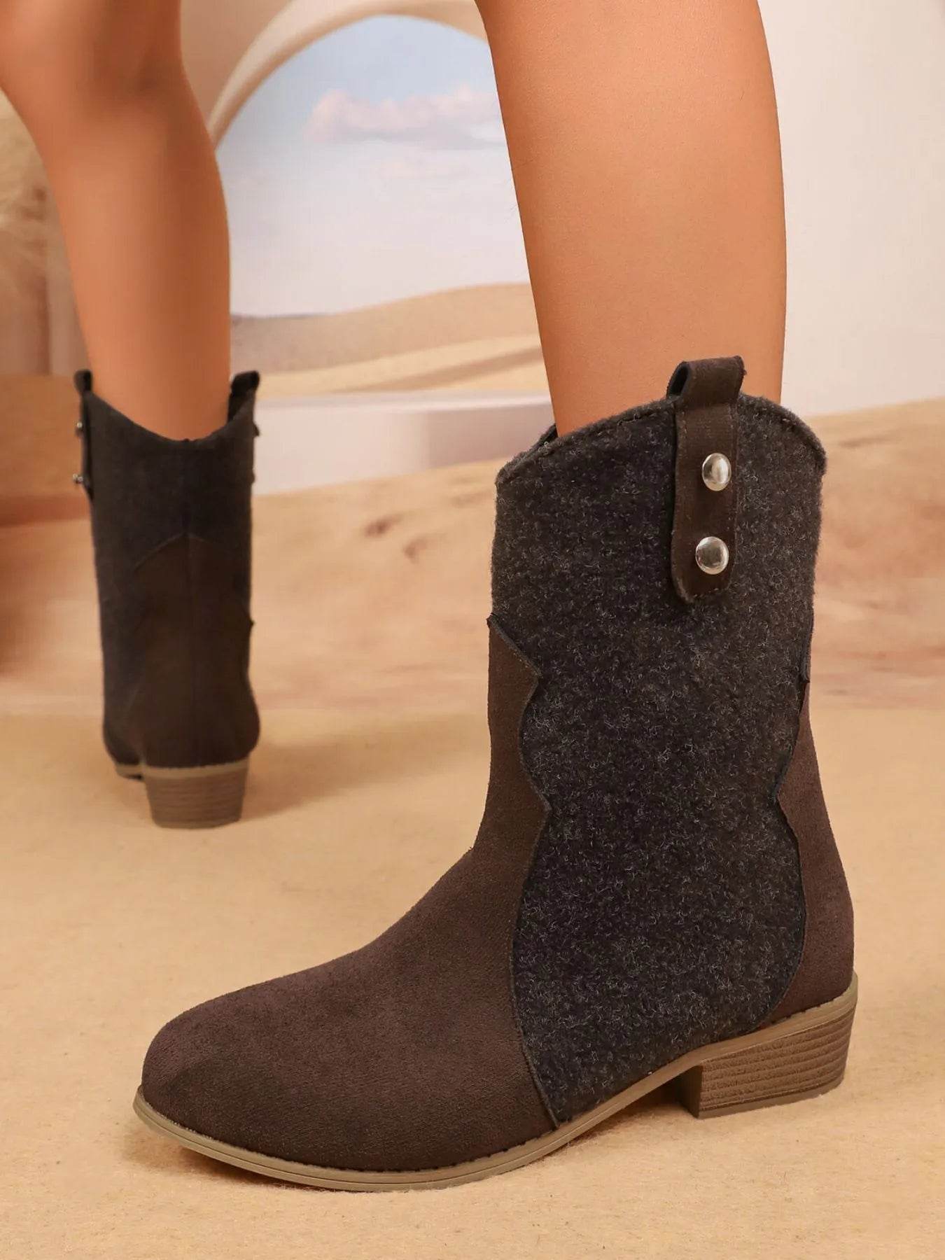 Mid-Calf Western Boots with Block Heels - ELY VESSA LLC