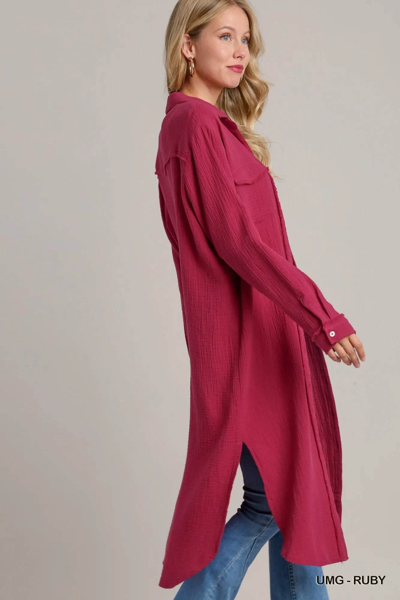 Umgee Cotton Gauze Button Down Shirt Dress - ELY VESSA LLC
