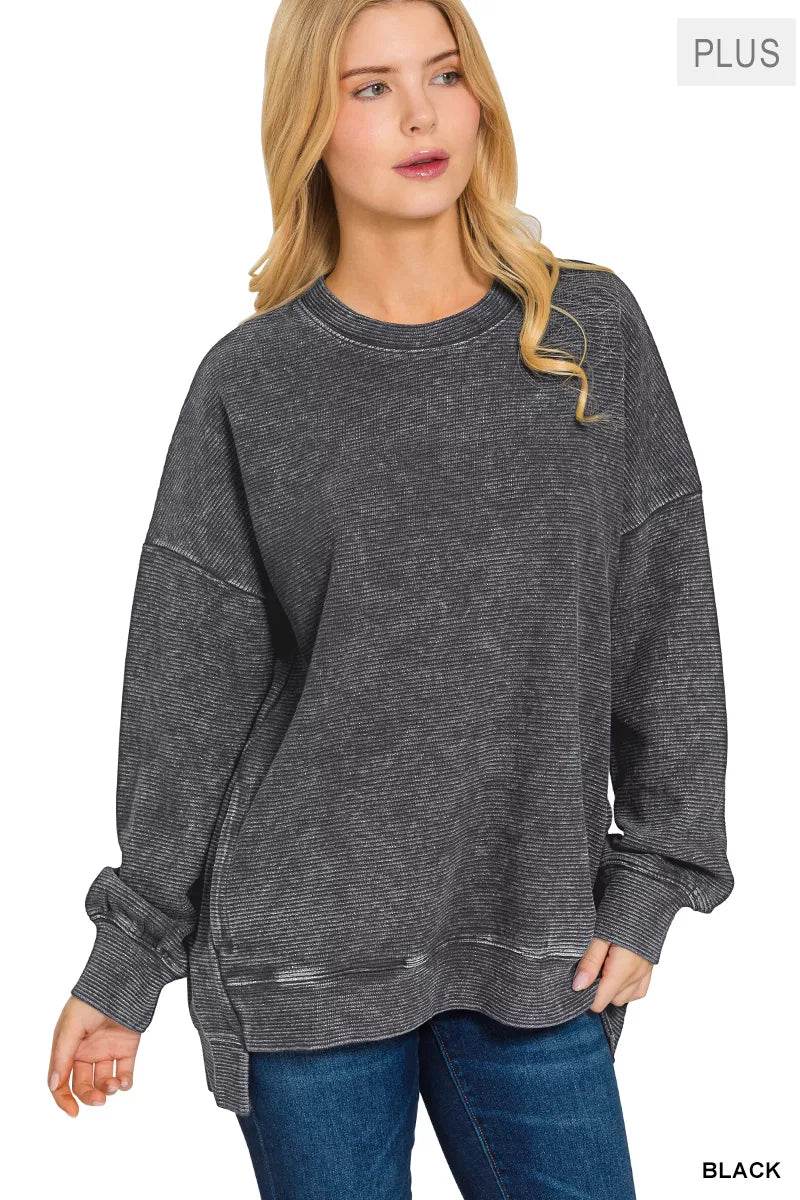 Zenana Full Size Acid Washed Double Ribbed Hi-low Sweatshirt Plus Size - ELY VESSA LLC