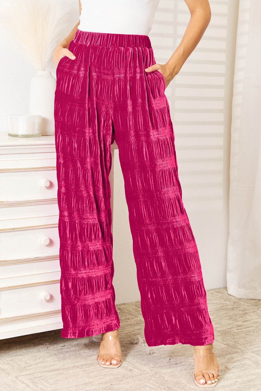 Double Take Full Size High Waist Tiered Shirring Velvet Wide Leg Pants - ELY VESSA LLC