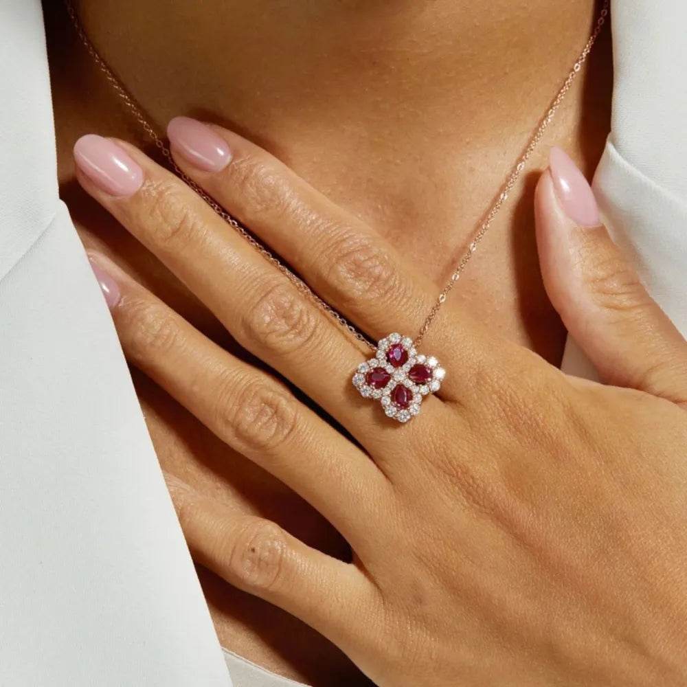 925 Sterling Silver Lab-Grown Ruby Flower Shape Necklace - ELY VESSA LLC