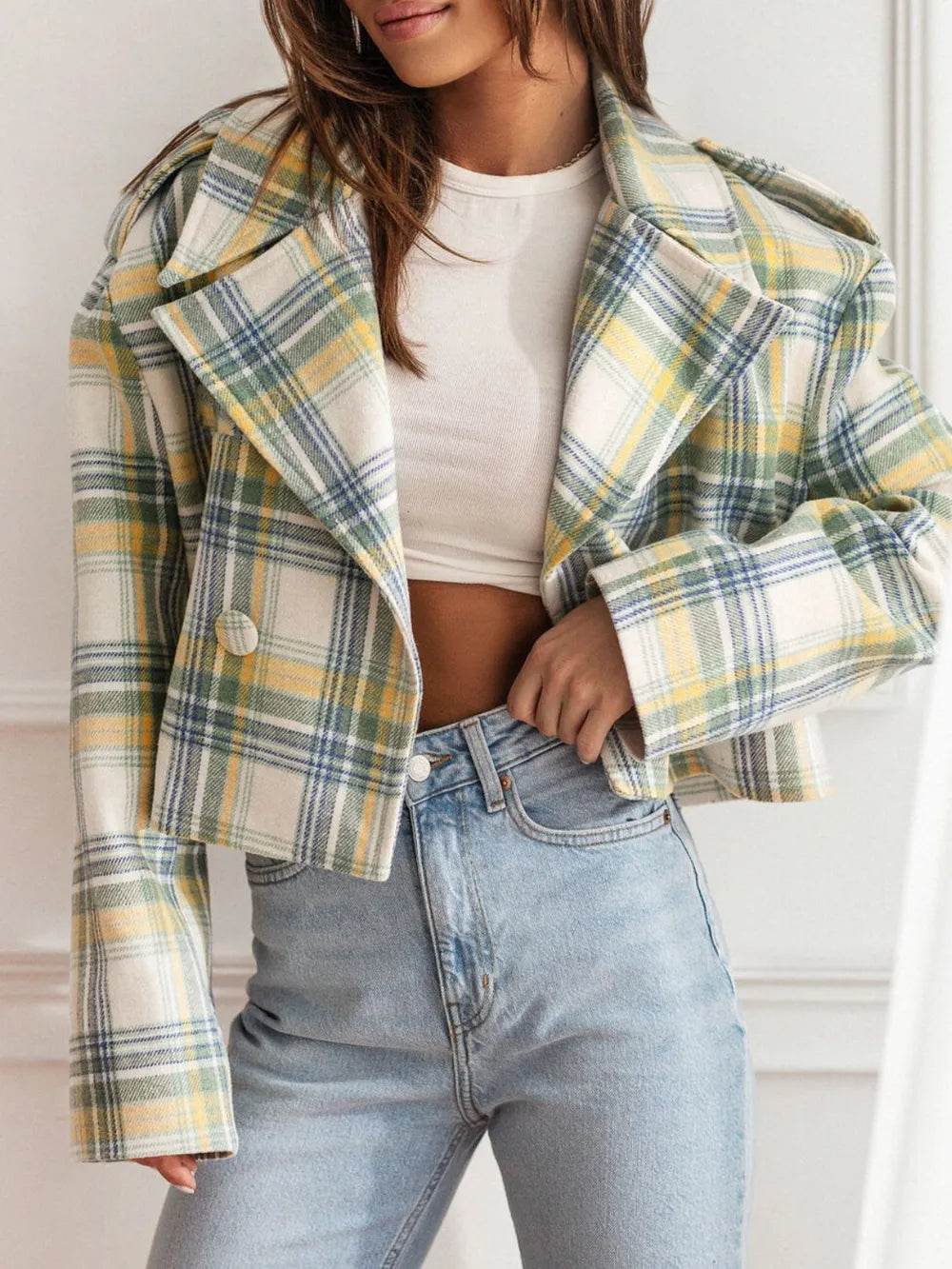 Lapel Collar Plaid Cropped Jacket - ELY VESSA LLC