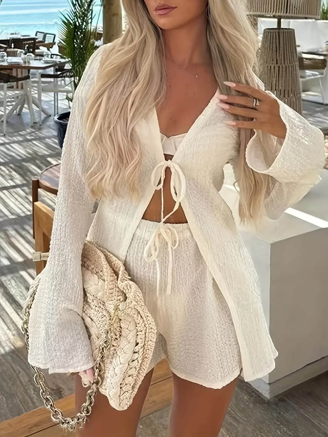 Tie Front Long Sleeve Top and Shorts Set - ELY VESSA LLC