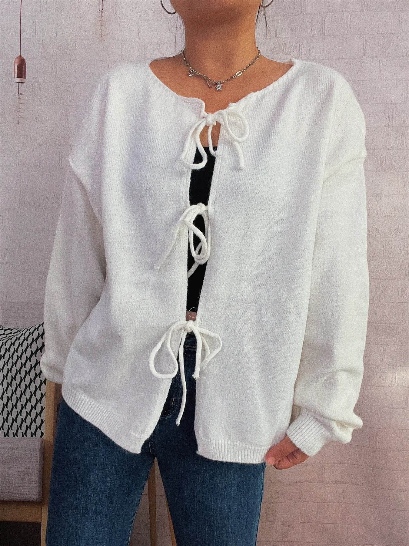 Tie Front Drop Shoulder Cardigan - ELY VESSA LLC