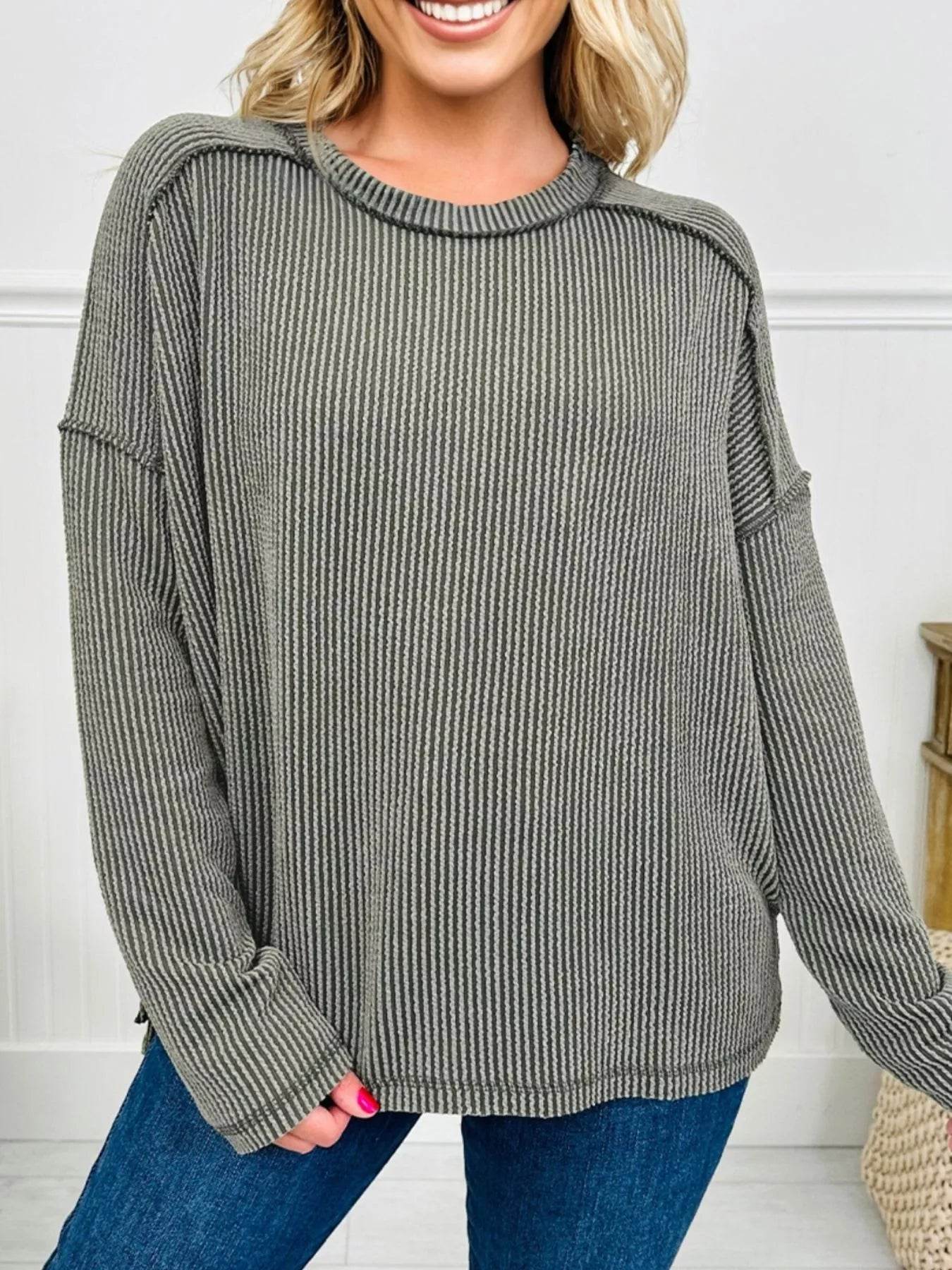 Twist Ribbed Exposed Seam Detail Long Sleeve Loose Top - ELY VESSA LLC