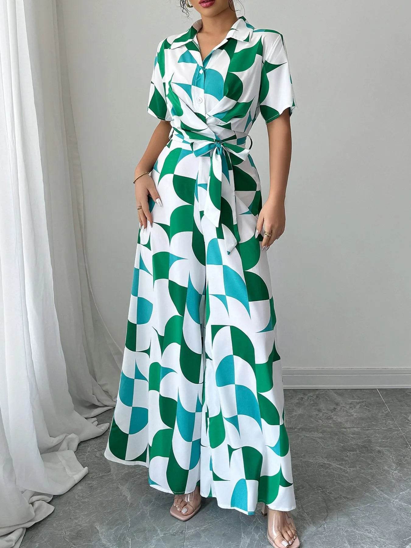 Geometric Print Belted Wide Leg Jumpsuit - ELY VESSA LLC