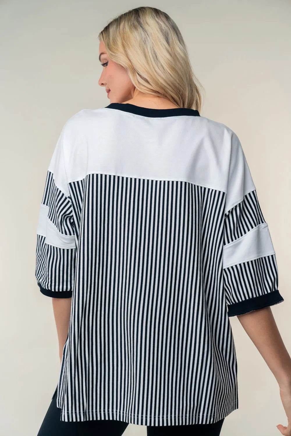 White Birch Full Size Striped Contrast Round Neck Top - ELY VESSA LLC