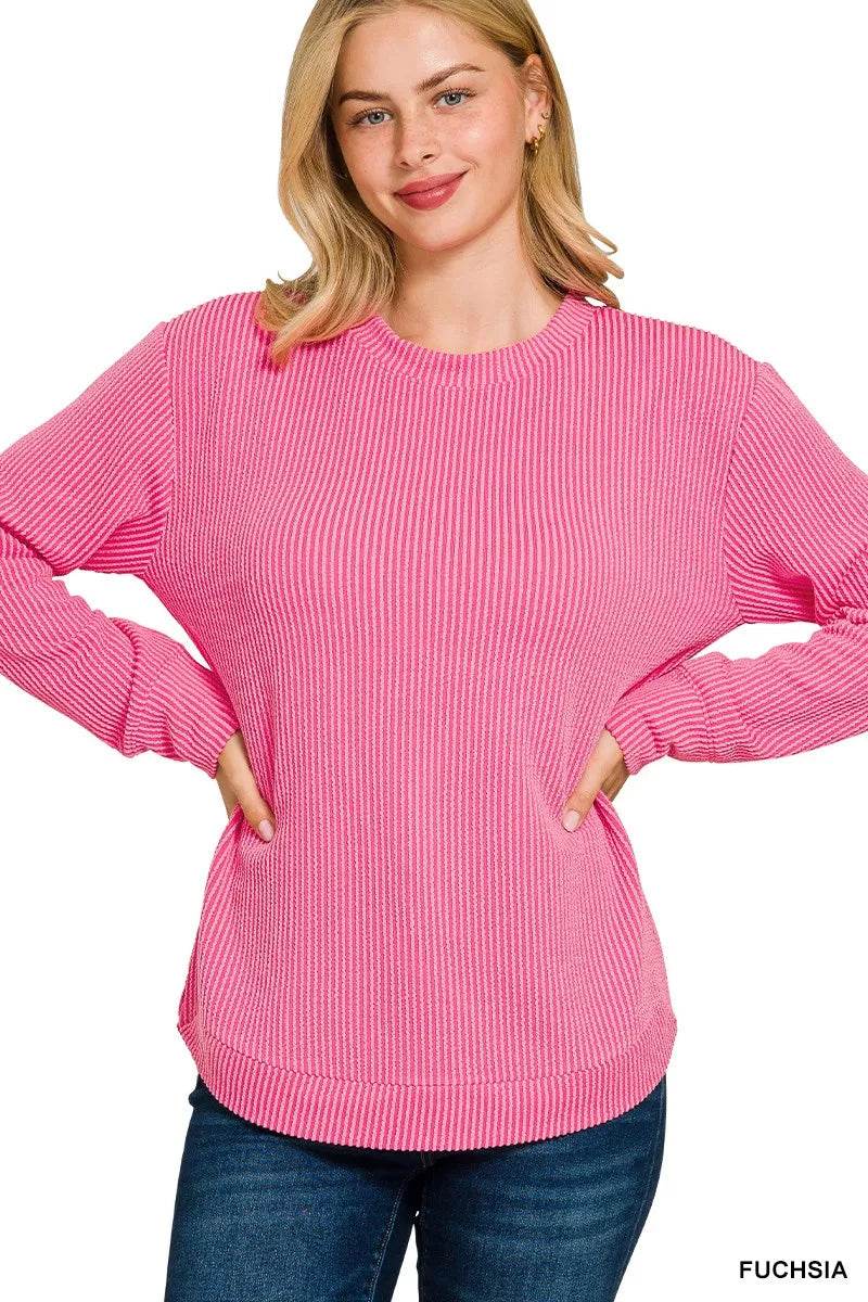 Zenana Full Size Raised Rib Round Neck Long Sleeve Top Plus Size - ELY VESSA LLC