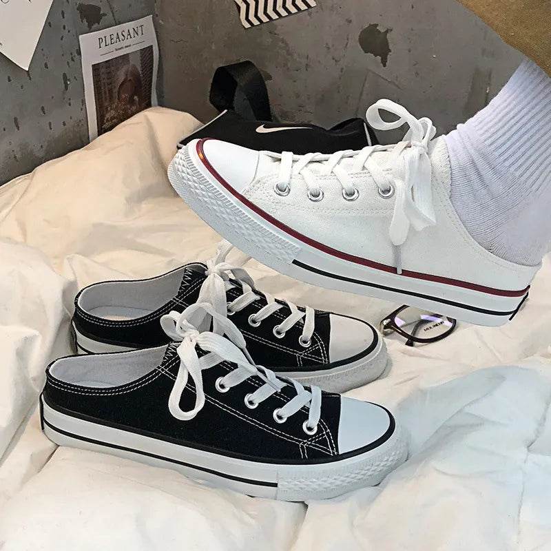 Round Toe Lace-Up Canvas Sneakers - ELY VESSA LLC