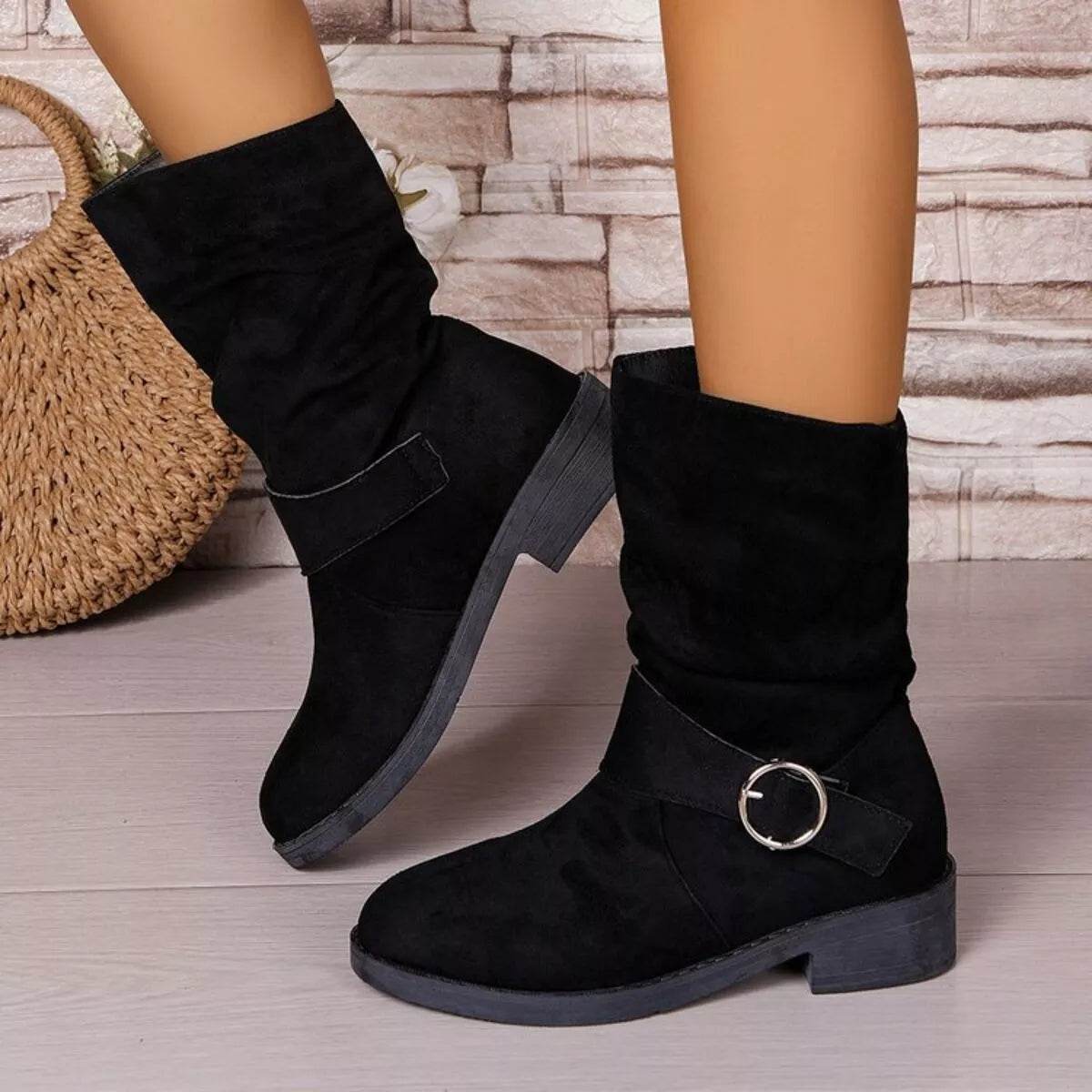 Round Toe Block Heels Boots - ELY VESSA LLC