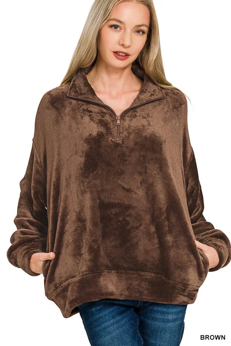Zenana Faux Fur Half Zip Pocket Pullover - ELY VESSA LLC