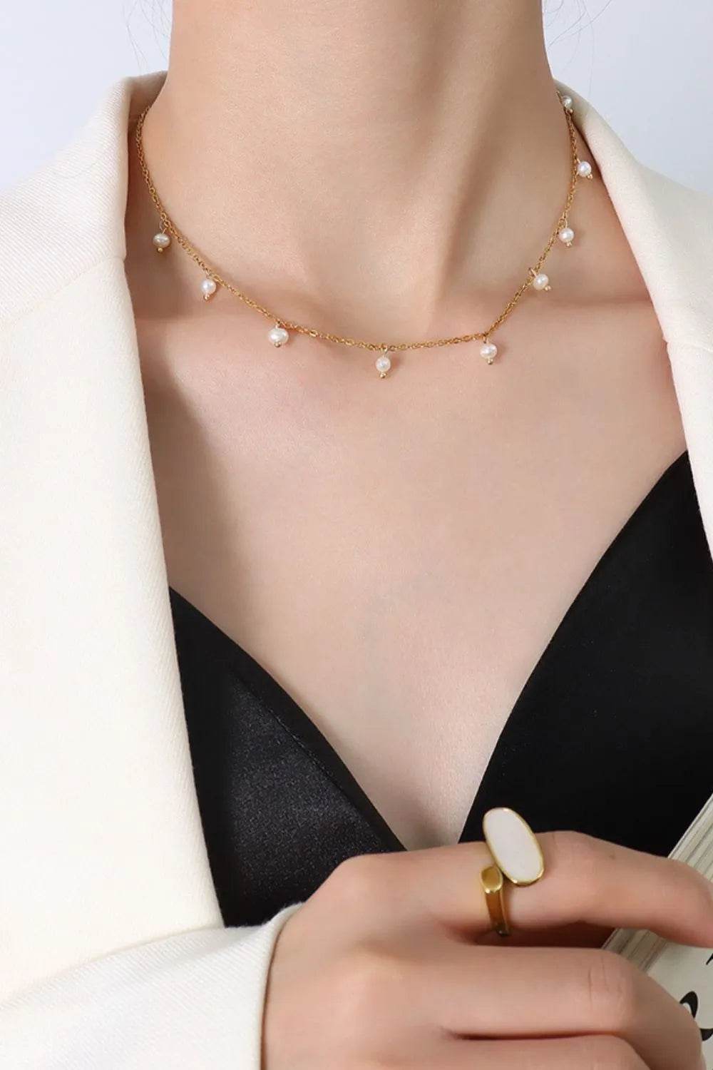 18K Gold-Plated Titanium Steel Pearl Necklace - ELY VESSA LLC