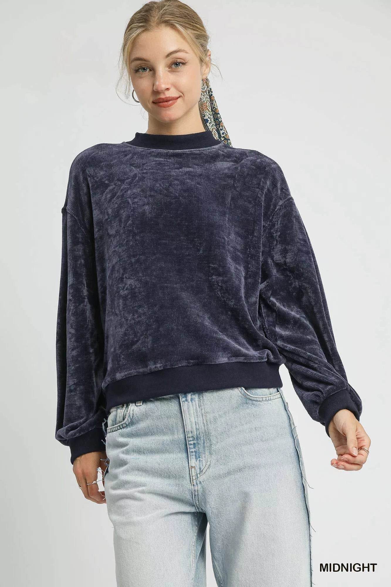 Umgee Velour Crewneck Balloon Sleeve Sweatshirt - ELY VESSA LLC
