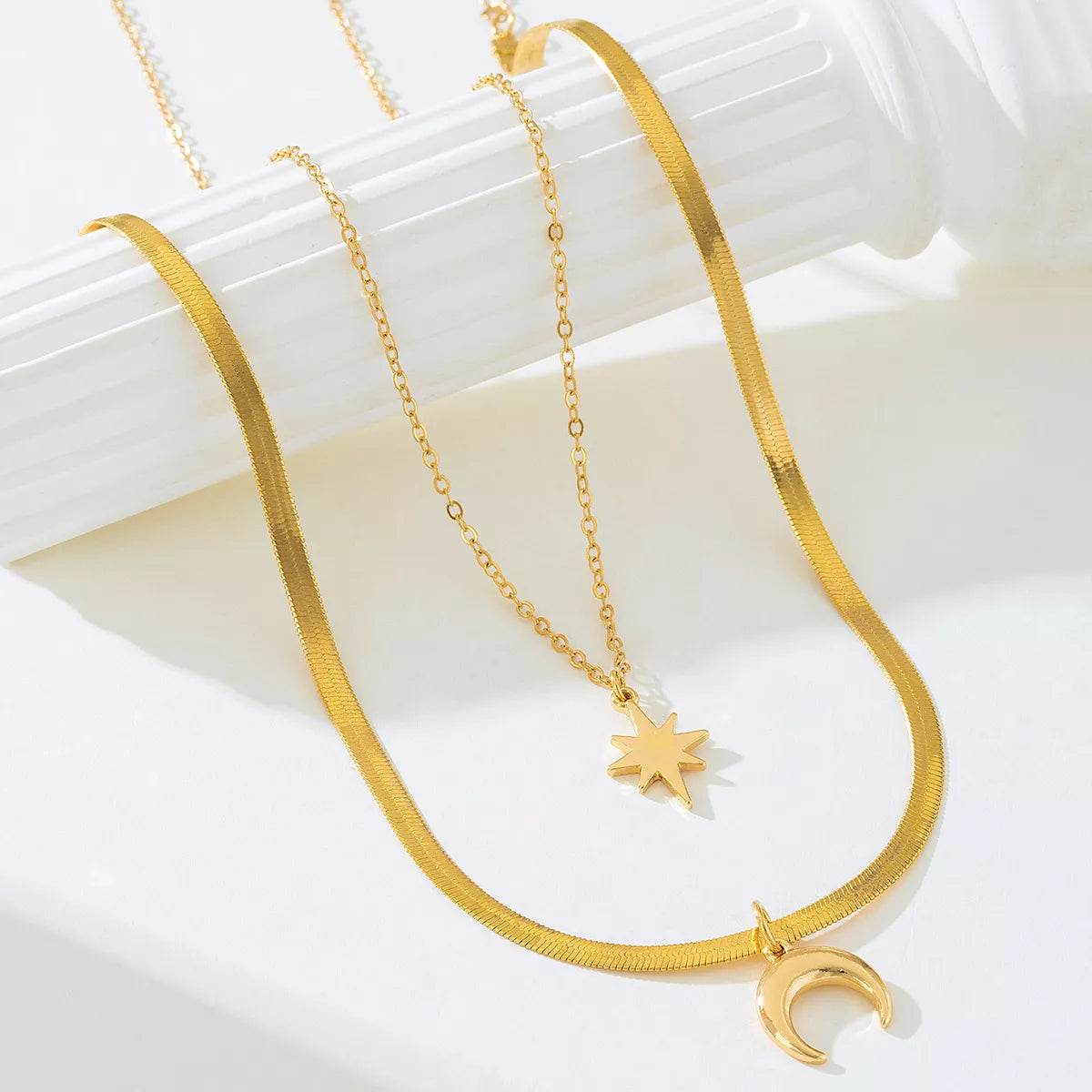 2 Piece 18K Gold-Plated Moon & Star Necklace - ELY VESSA LLC