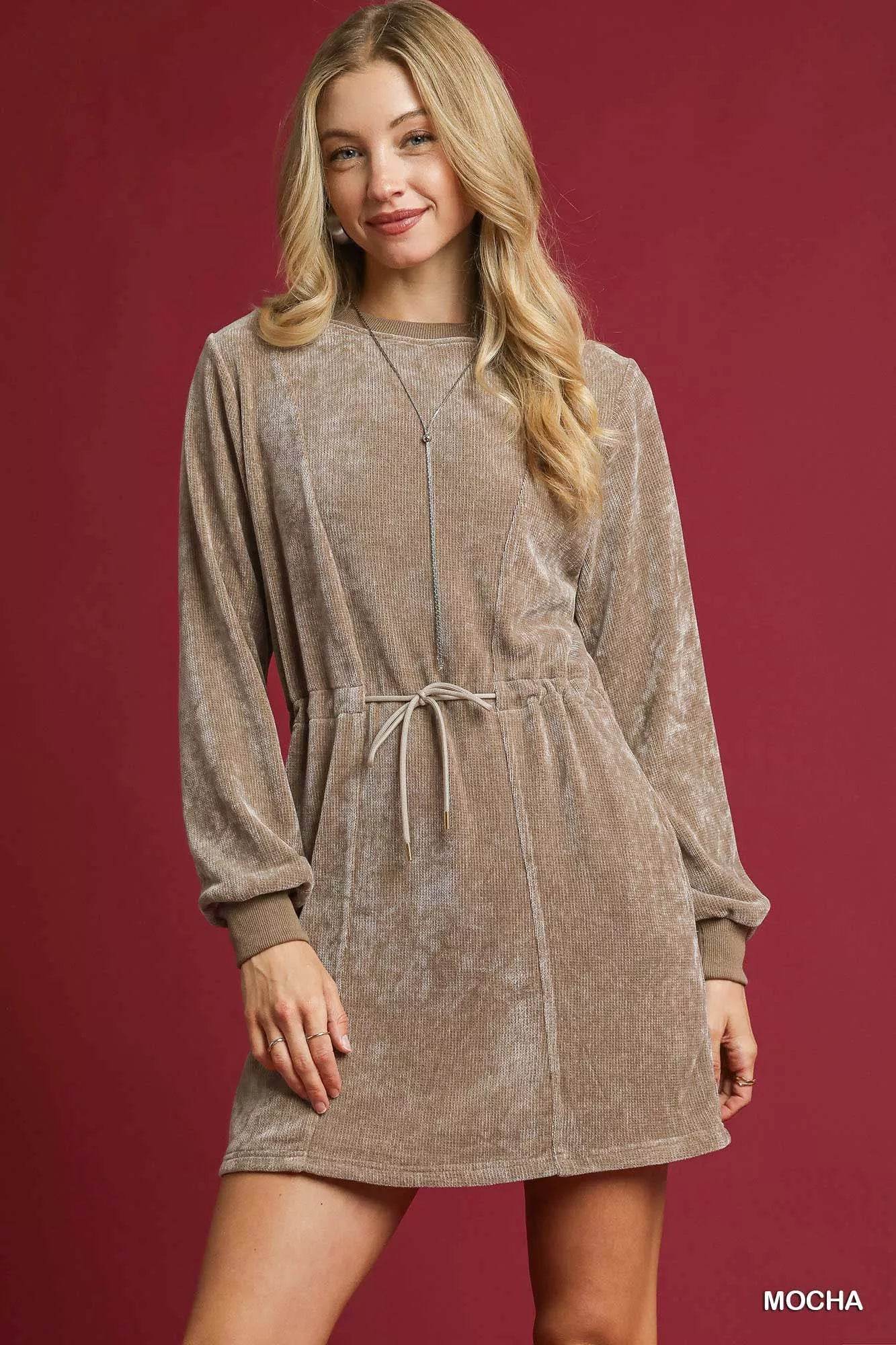 Umgee Velour Drawstring Mini Dress with Long Sleeves - ELY VESSA LLC