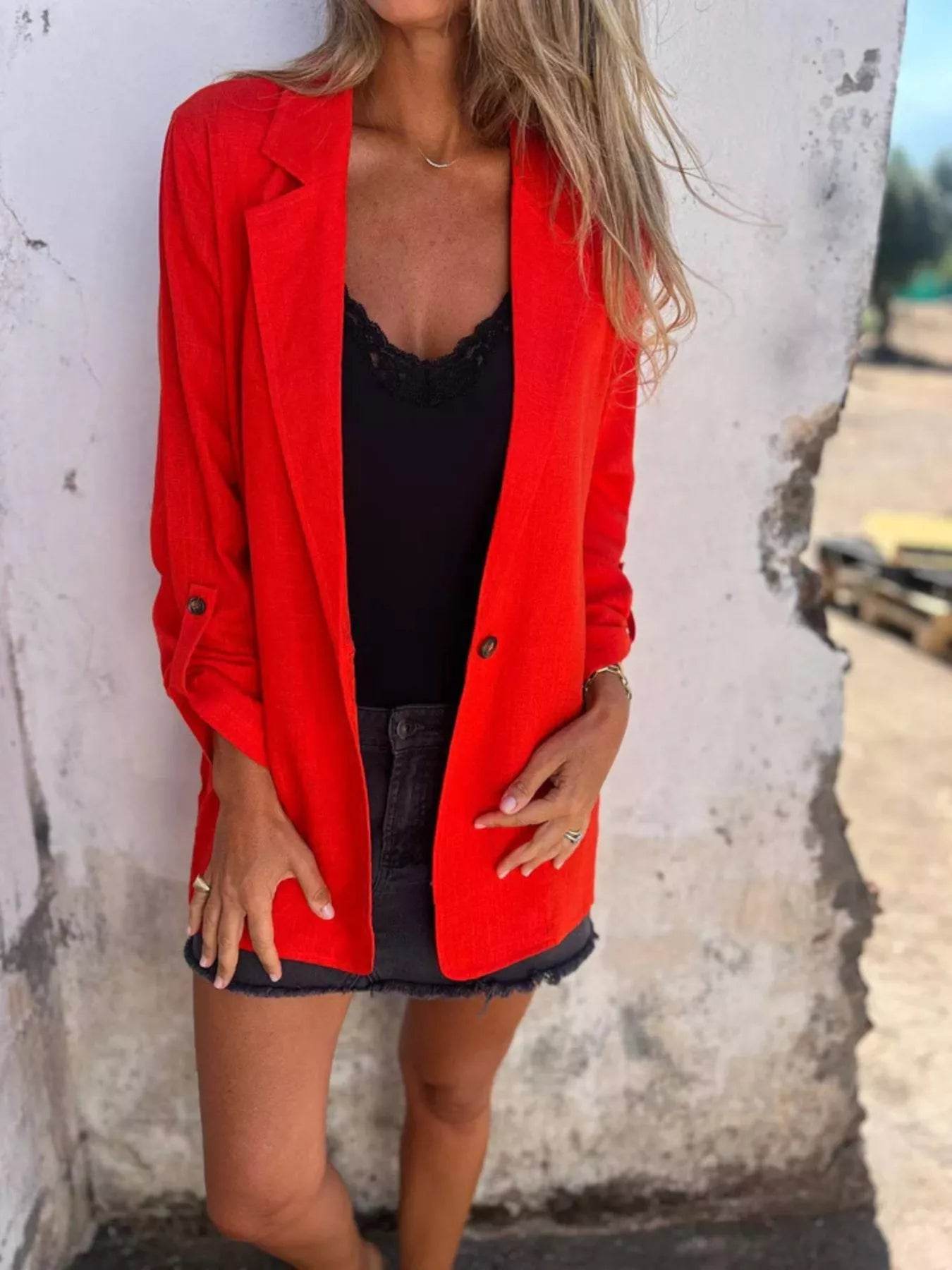 Full Size Lapel Collar Long Sleeve Blazer Plus Size - ELY VESSA LLC