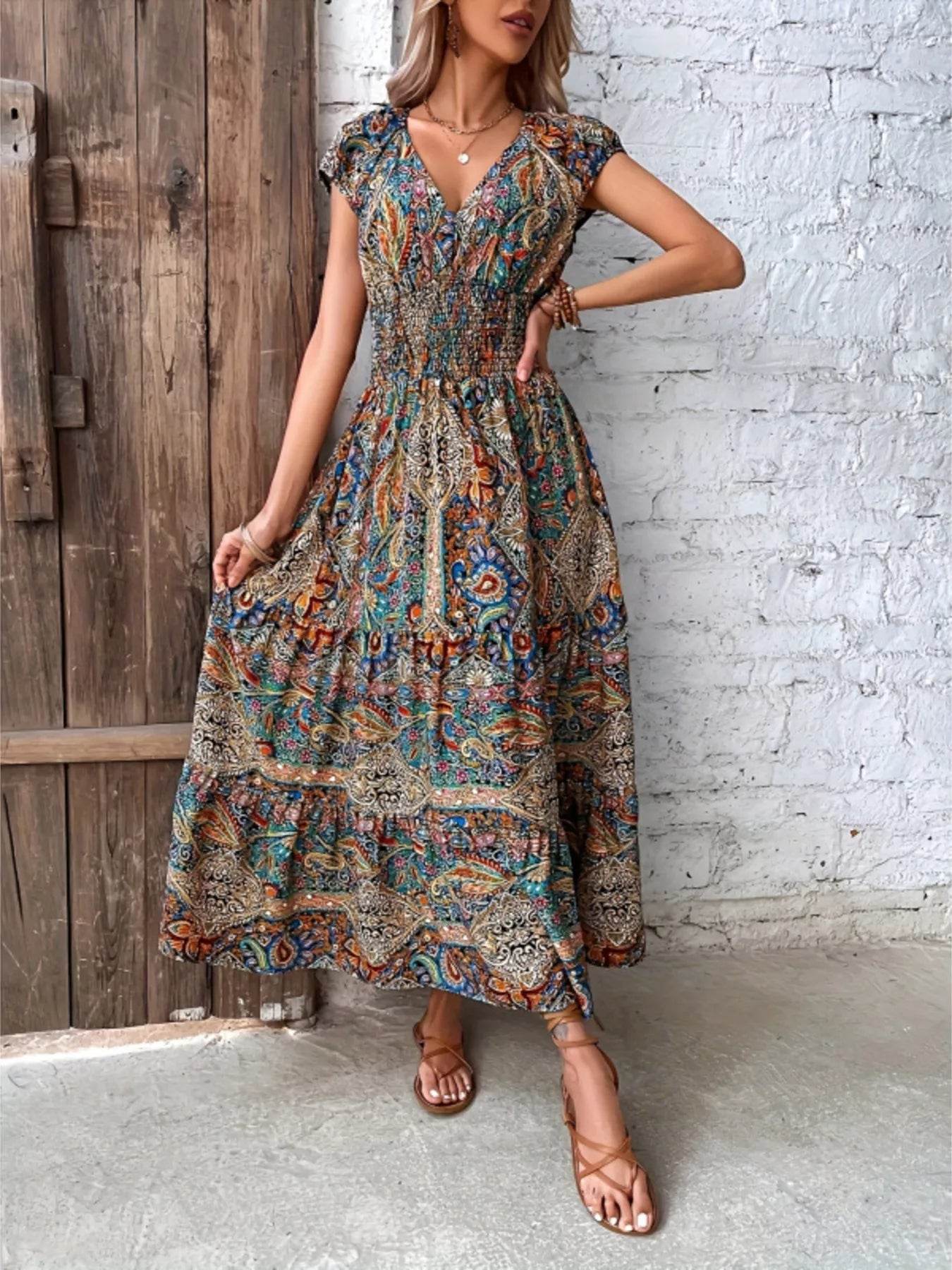 Printed V-Neck Cap Sleeve Dress - ELY VESSA LLC