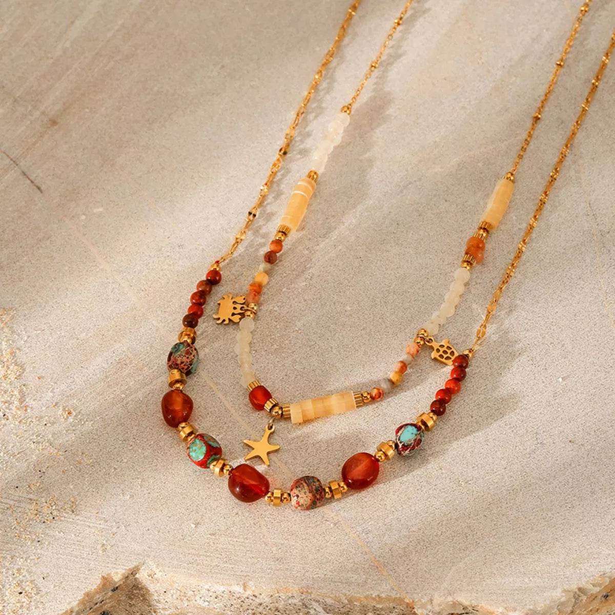 2 Piece 18K Gold-Plated Natural Stone Bead Necklace - ELY VESSA LLC