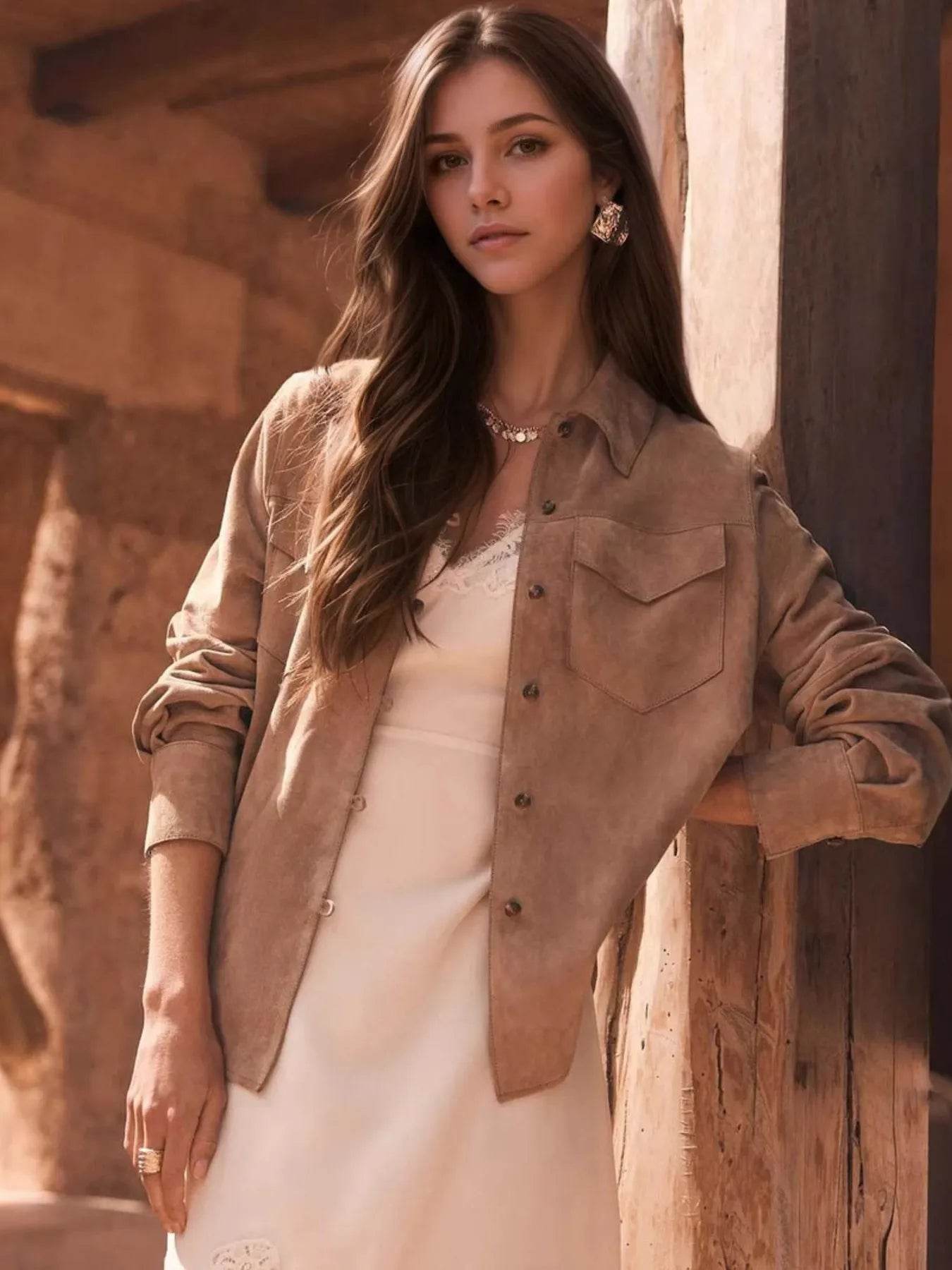 Button Front Long Sleeve Jacket - ELY VESSA LLC