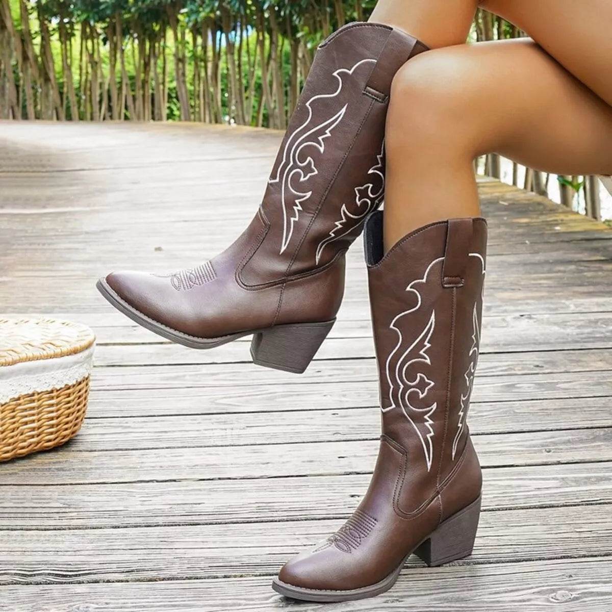 Western Embroidered Mid-Calf Boots - ELY VESSA LLC