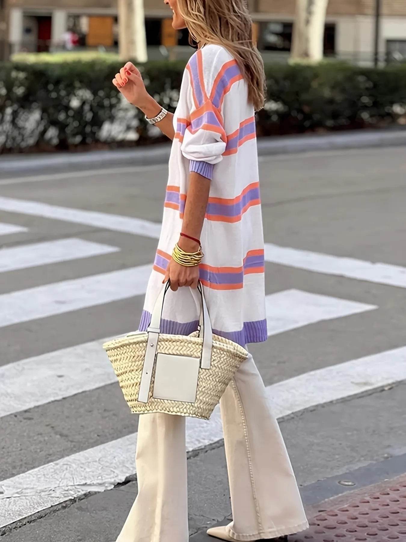 Striped Open Front Longline Cardigan - ELY VESSA LLC