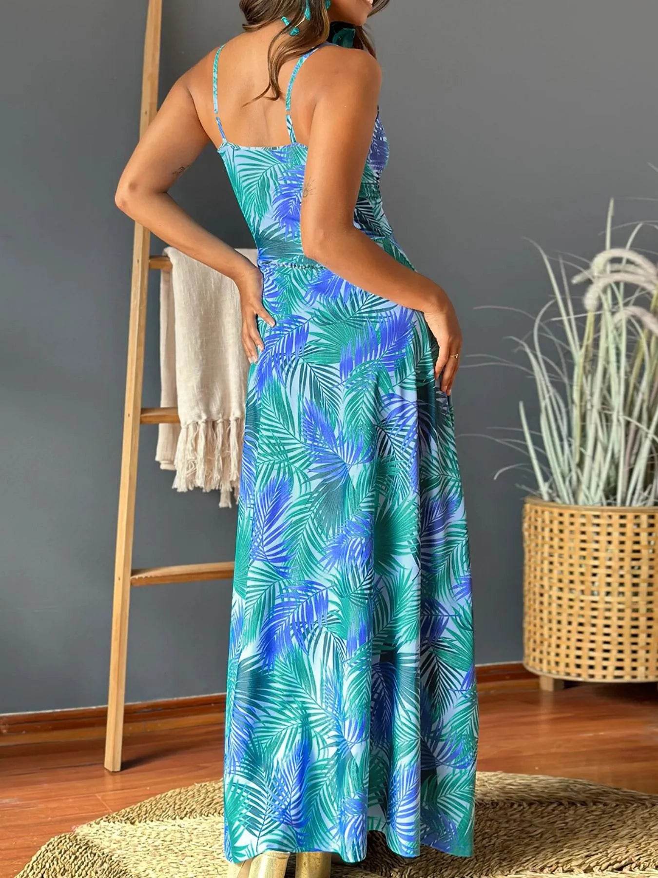 Tropical Print V-Neck Maxi Dress - ELY VESSA LLC