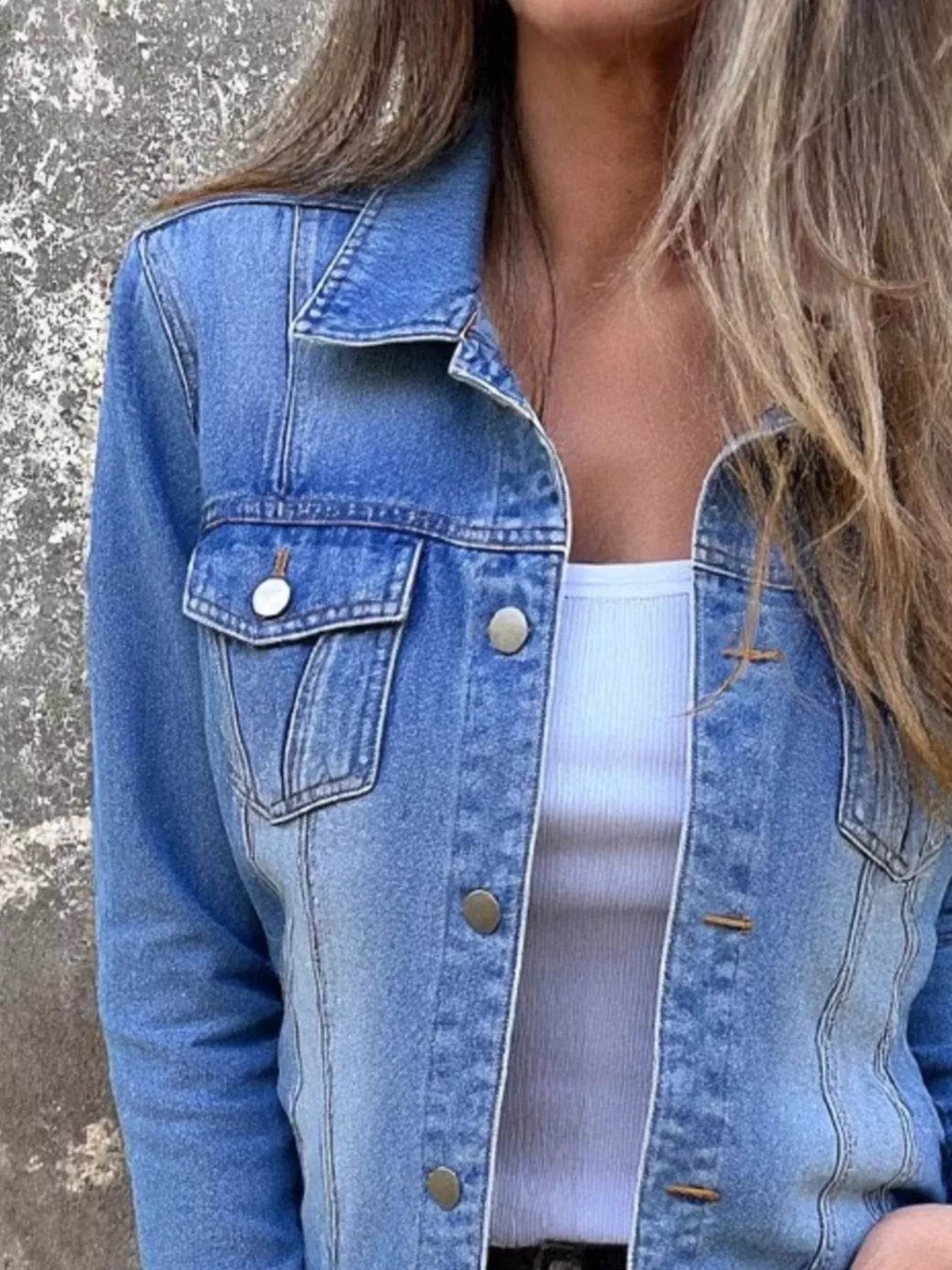 Full Size Button Front Long Sleeve Denim Jacket Plus Size - ELY VESSA LLC