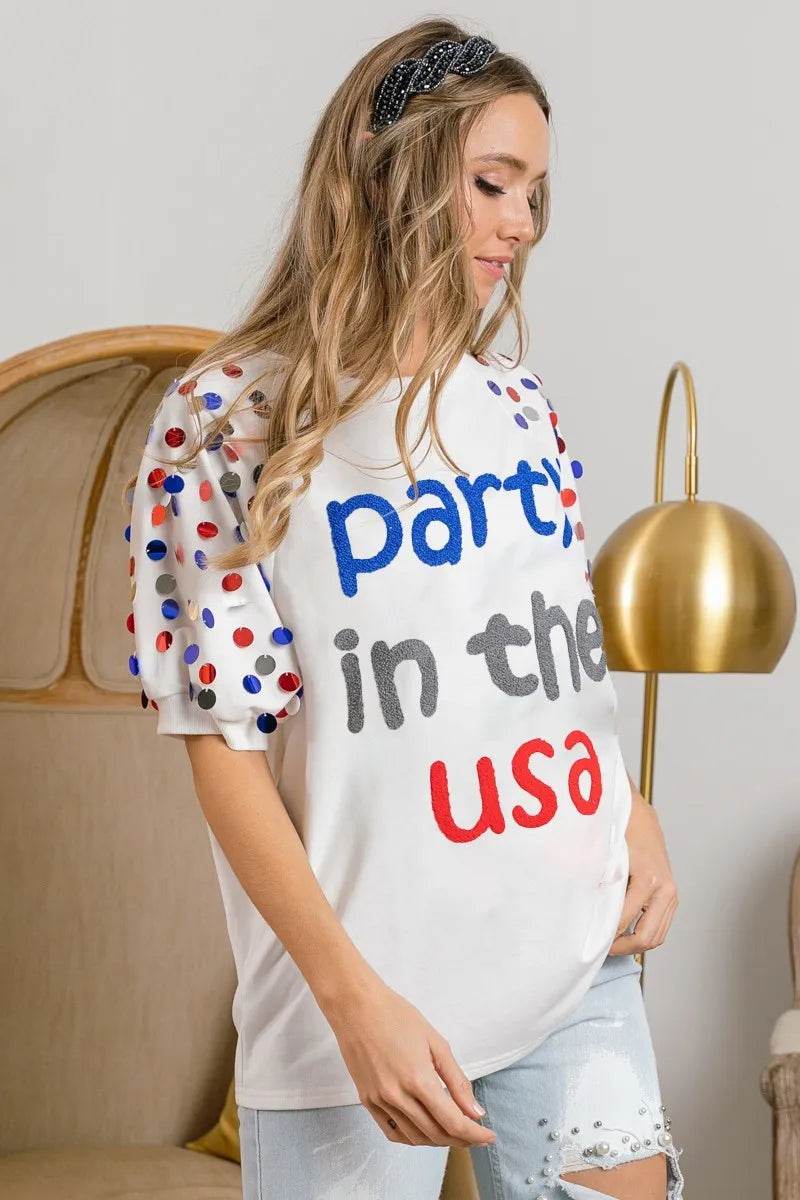 BiBi Party In The Usa Spangle Puff Sleeves Top - ELY VESSA LLC