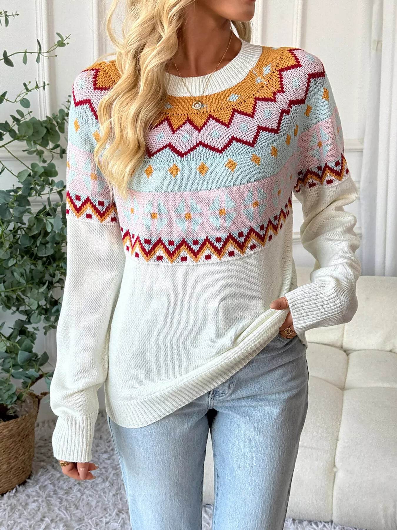 Contrast Round Neck Long Sleeve Sweater - ELY VESSA LLC