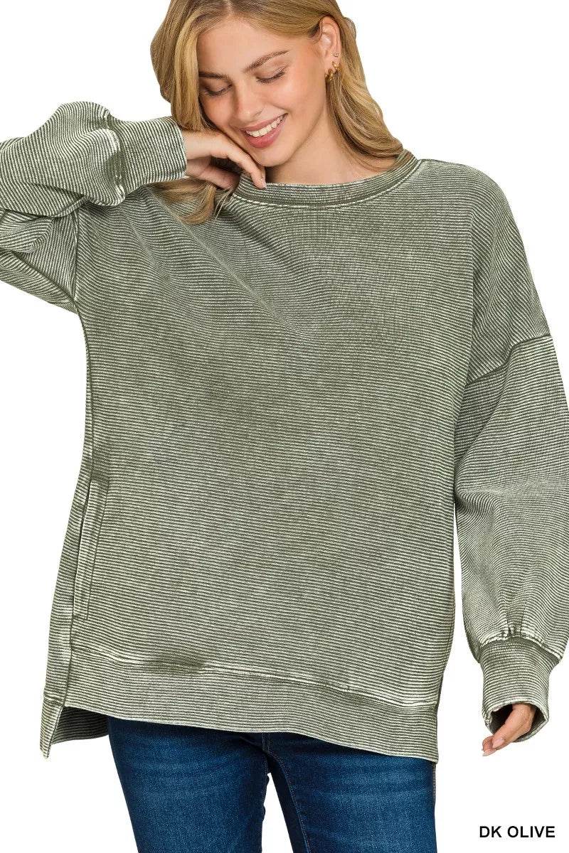 Zenana Full Size Acid Washed Double Ribbed Hi-low Sweatshirt Plus Size - ELY VESSA LLC