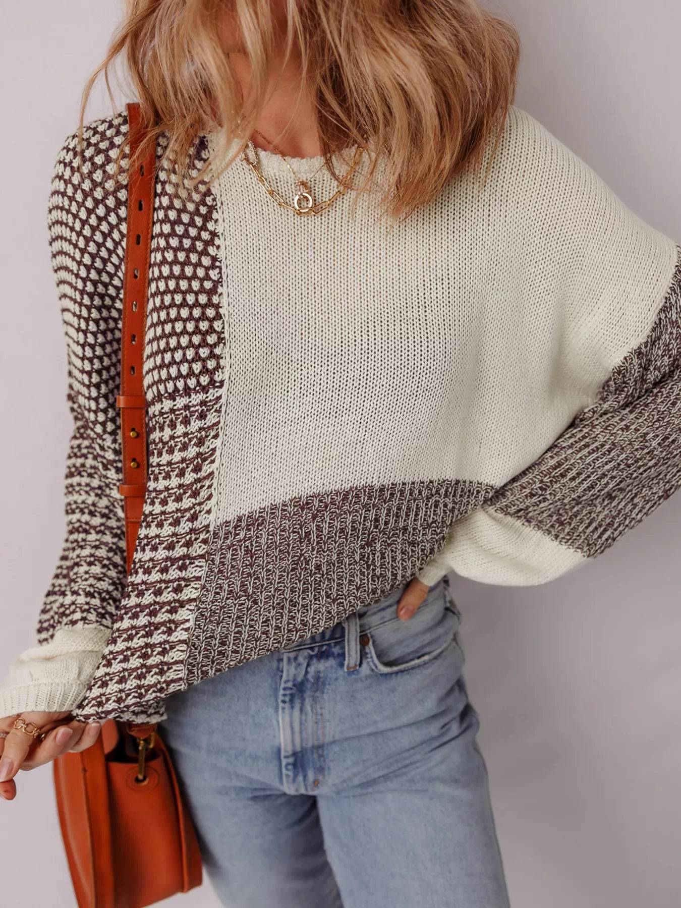 Color Block Back Tie Drop Shoulder Loose Sweater - ELY VESSA LLC
