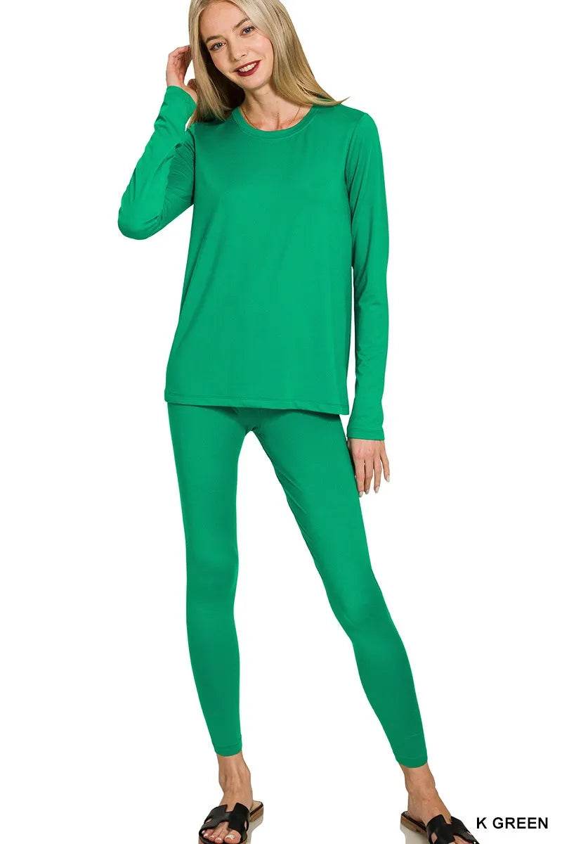 Zenana Microfiber Round Neck Top and Leggings Set - ELY VESSA LLC