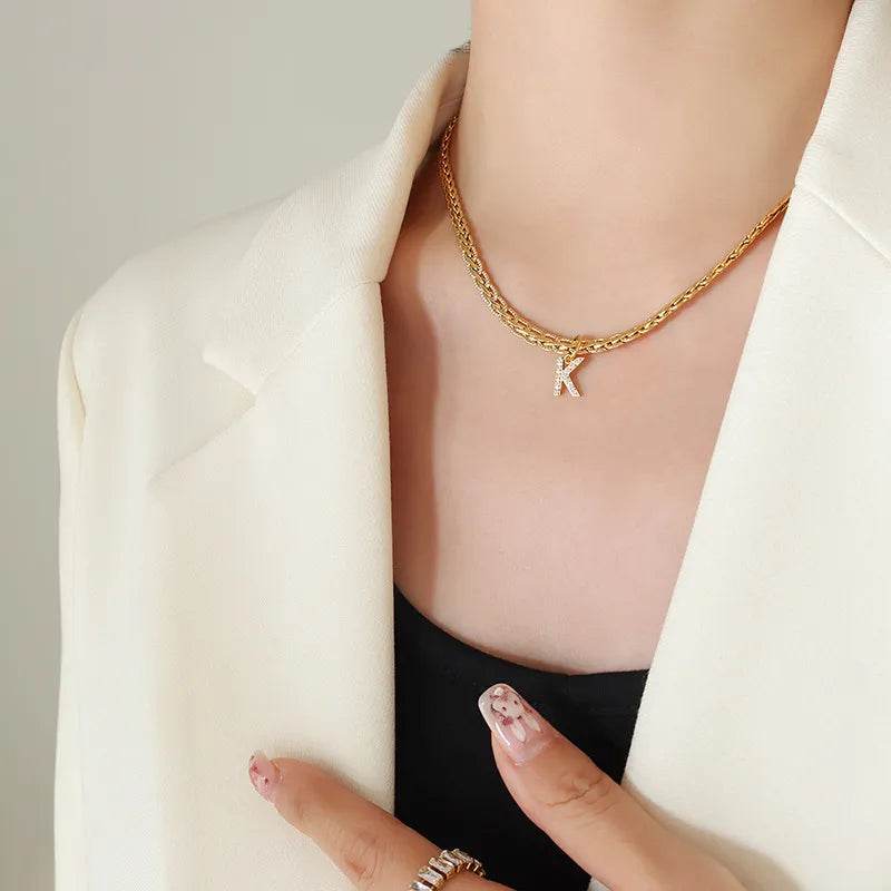 Brass Inlaid Zircon Letter Pendant Necklace - ELY VESSA LLC