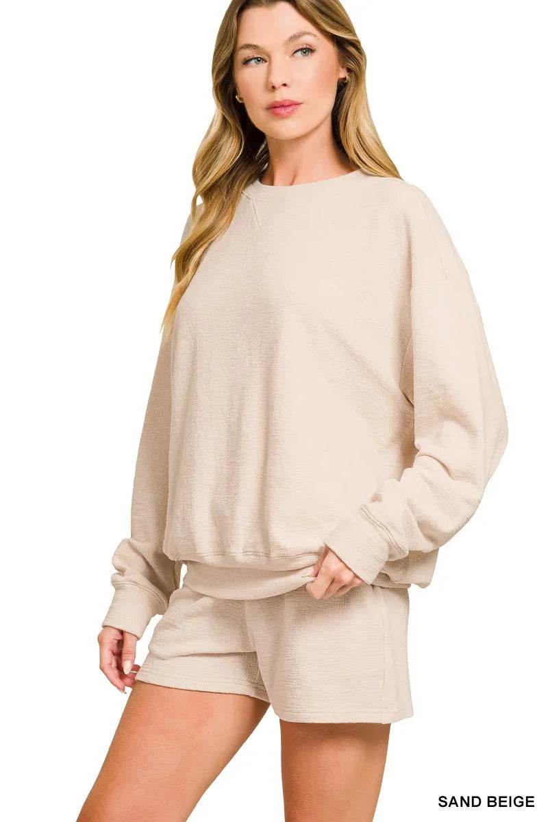 Zenana Slub Long Sleeve Top and Shorts Set - ELY VESSA LLC