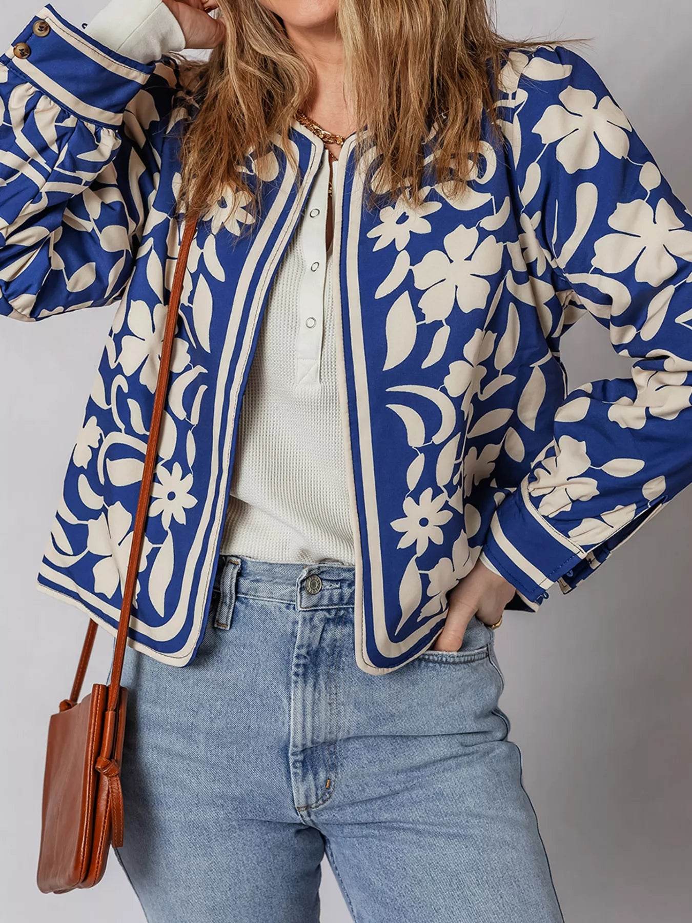 Flower Print Open Front Buttoned Cuffs Elegant Jacket - ELY VESSA LLC