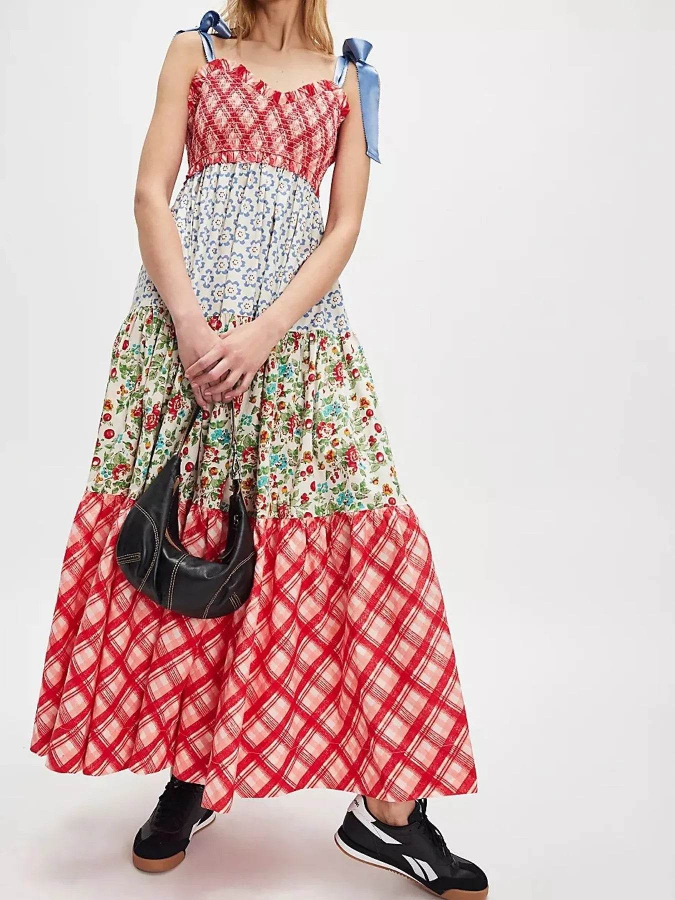 Smocked Tie Shoulder Printed Maxi Dress - ELY VESSA LLC