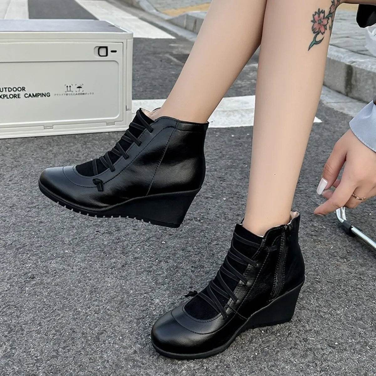 Lace Up Wedge Boots - ELY VESSA LLC