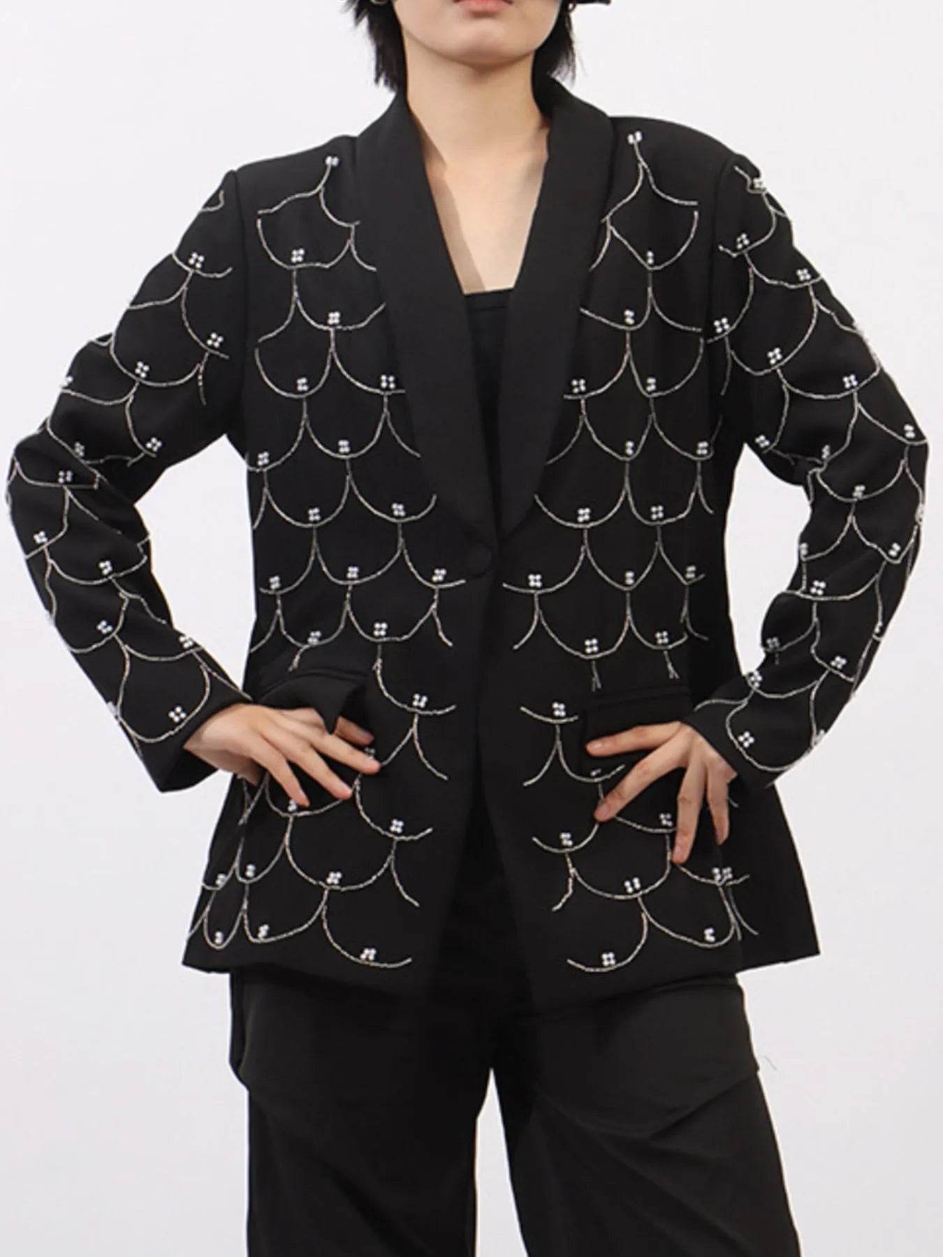 Pearl Detail Long Sleeve Blazer - ELY VESSA LLC