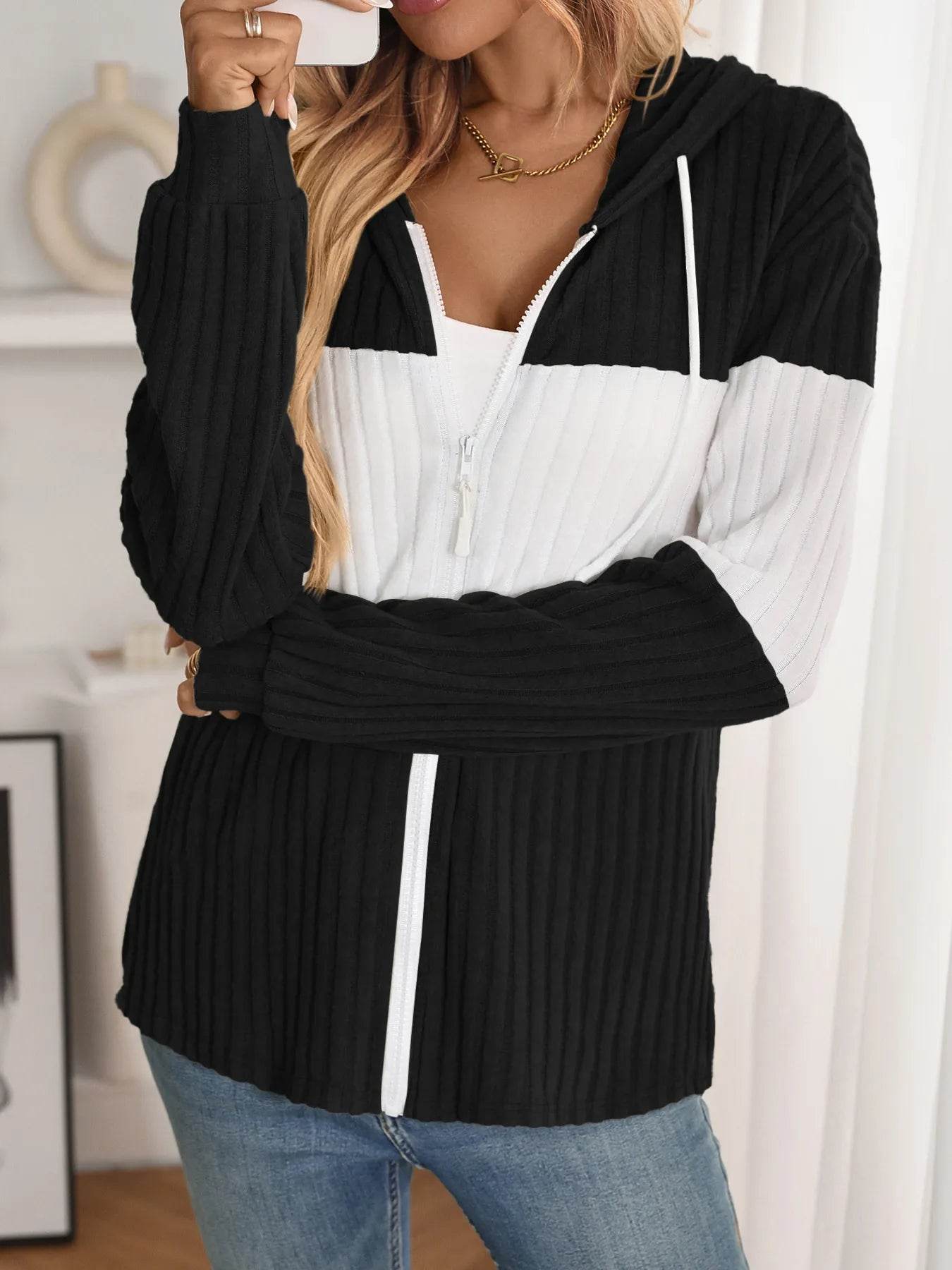 Drawstring Color Block Zip Up Outerwear - ELY VESSA LLC