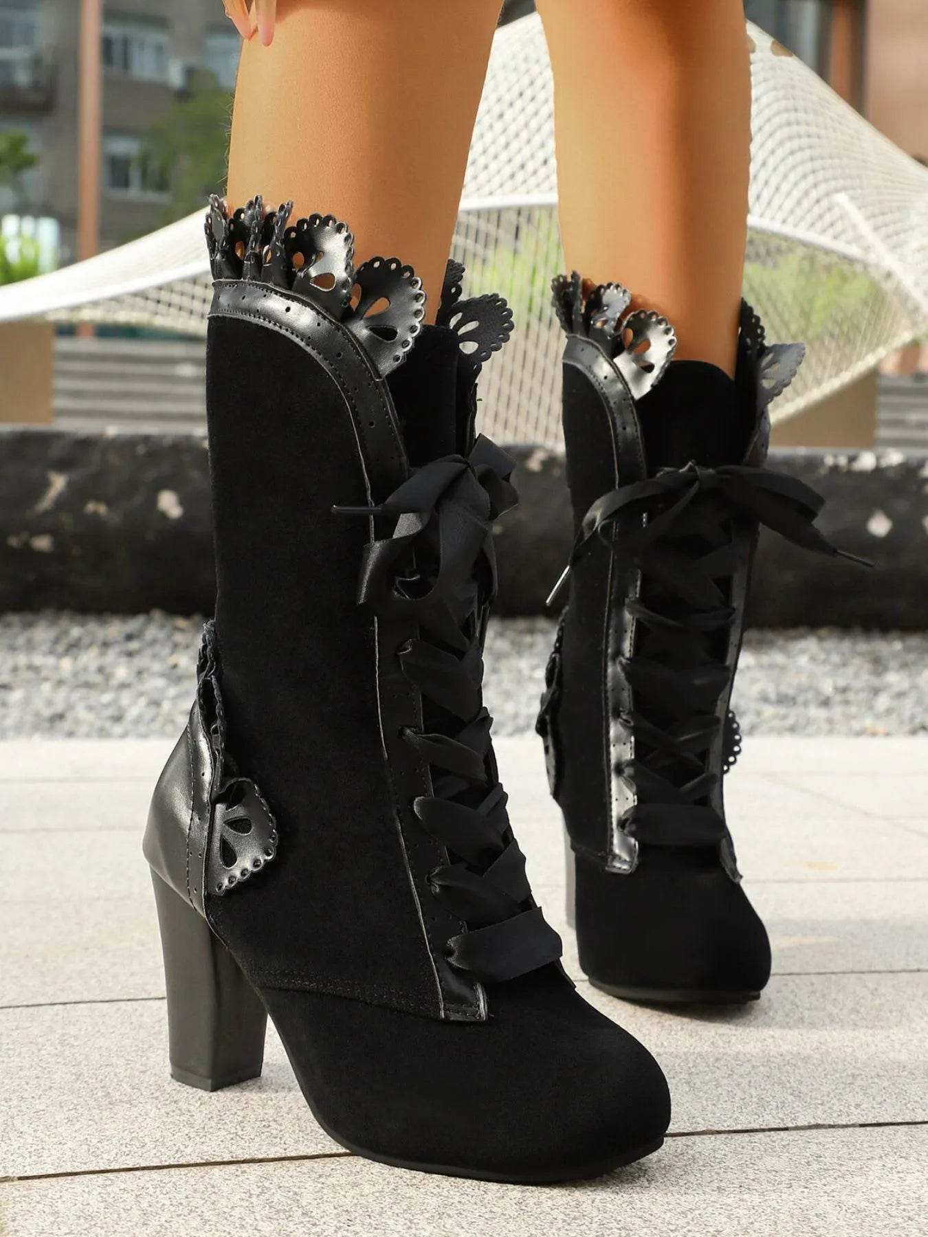 Lace Up Block Heels Boots - ELY VESSA LLC