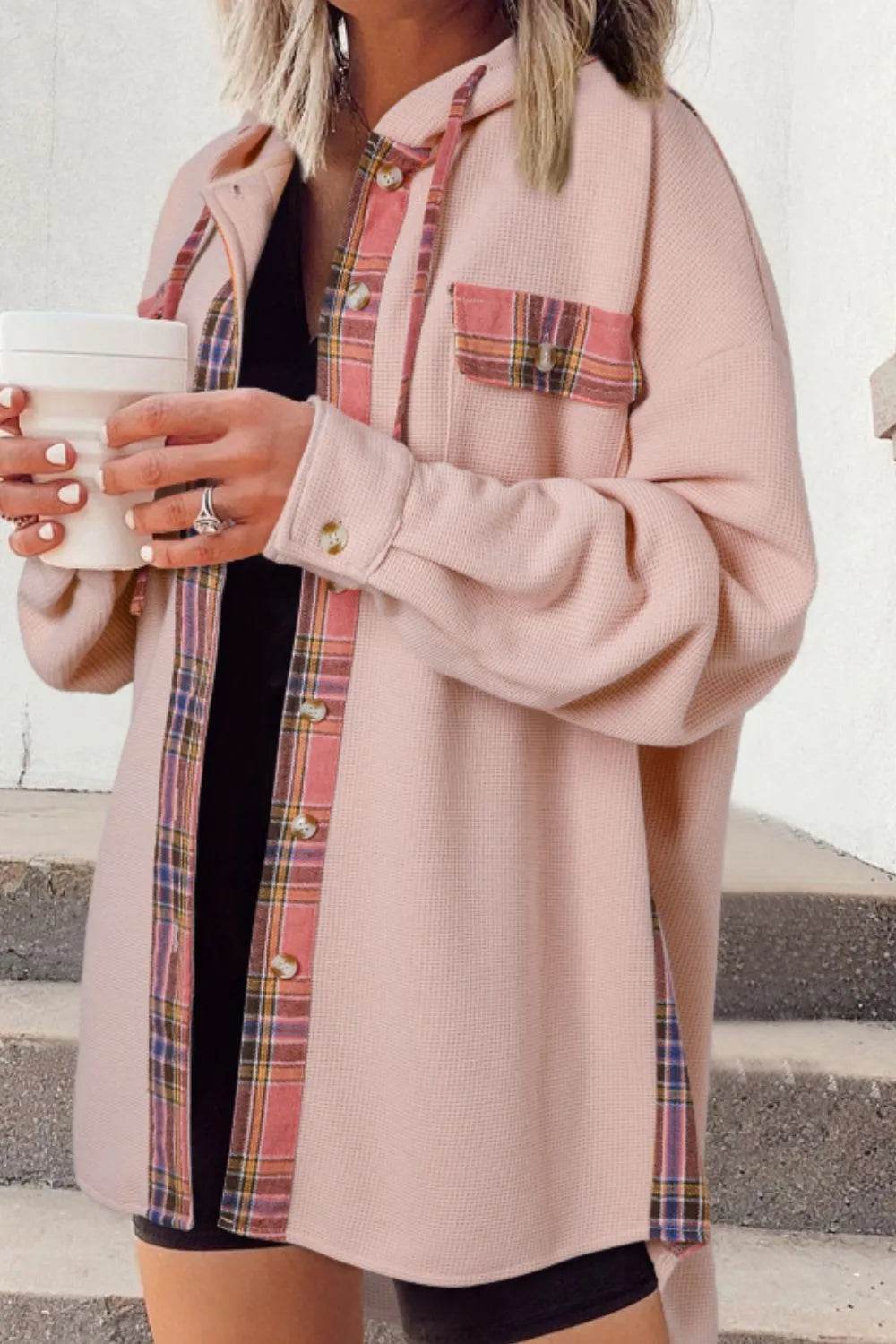 Waffle Knit Plaid Patchwork Drawstring Hooded Shacket - ELY VESSA LLC