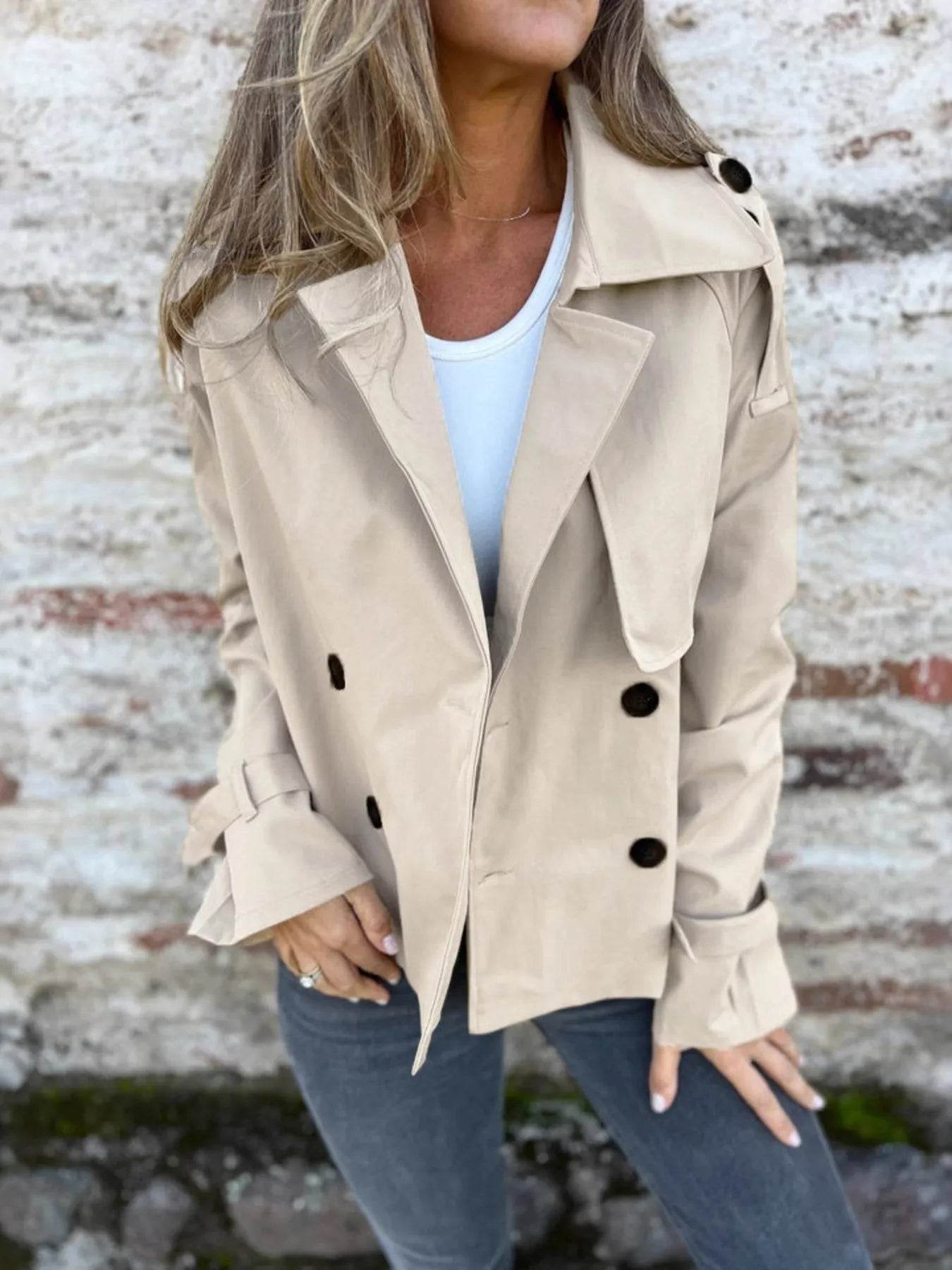 Full Size Long Sleeve Button Up Trench Coat Plus Size - ELY VESSA LLC
