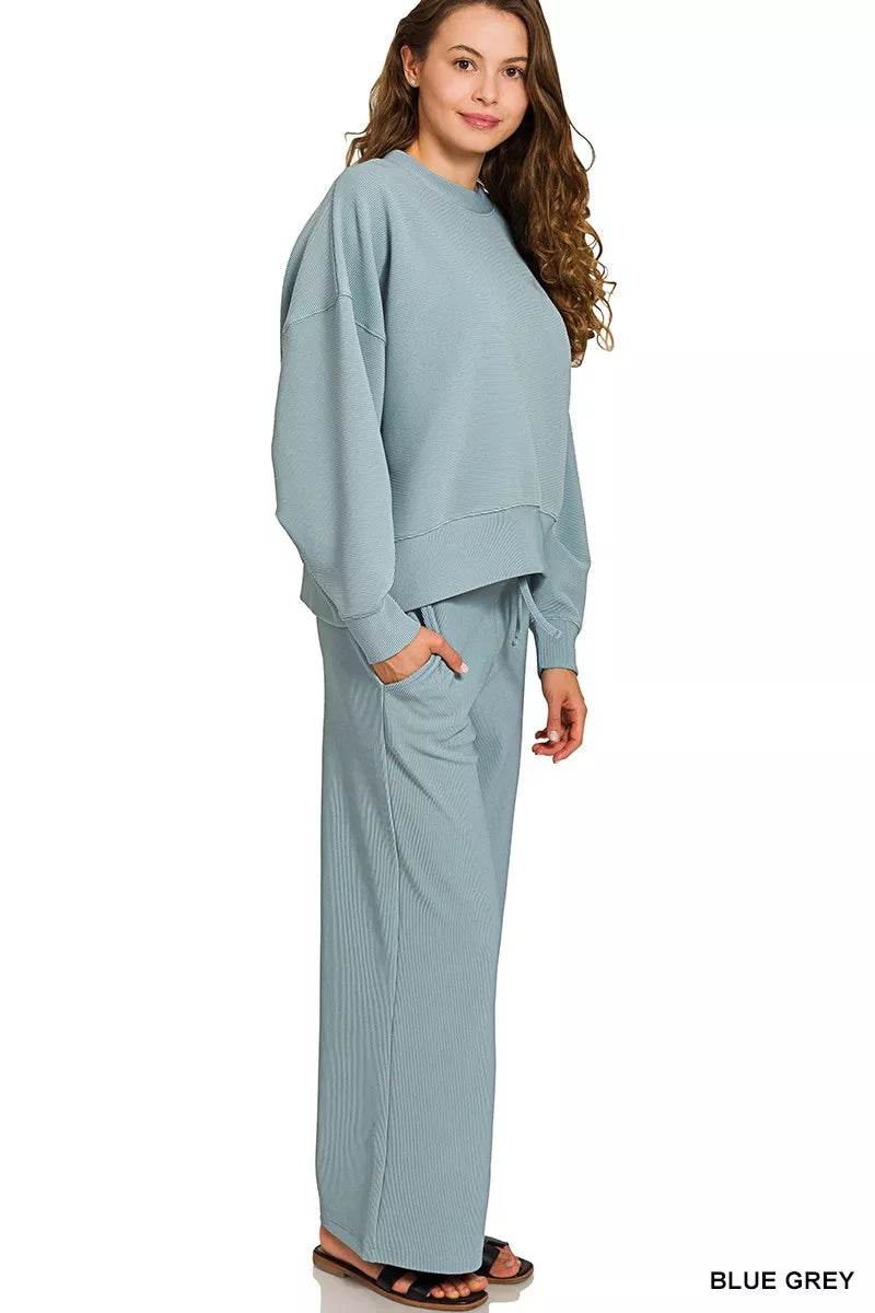 Zenana Ribbed Round Neck Pullover and Drawstring Pants Set - ELY VESSA LLC
