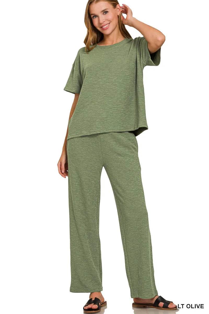 Zenana Slub Short Sleeve T-Shirt and Pants Set - ELY VESSA LLC