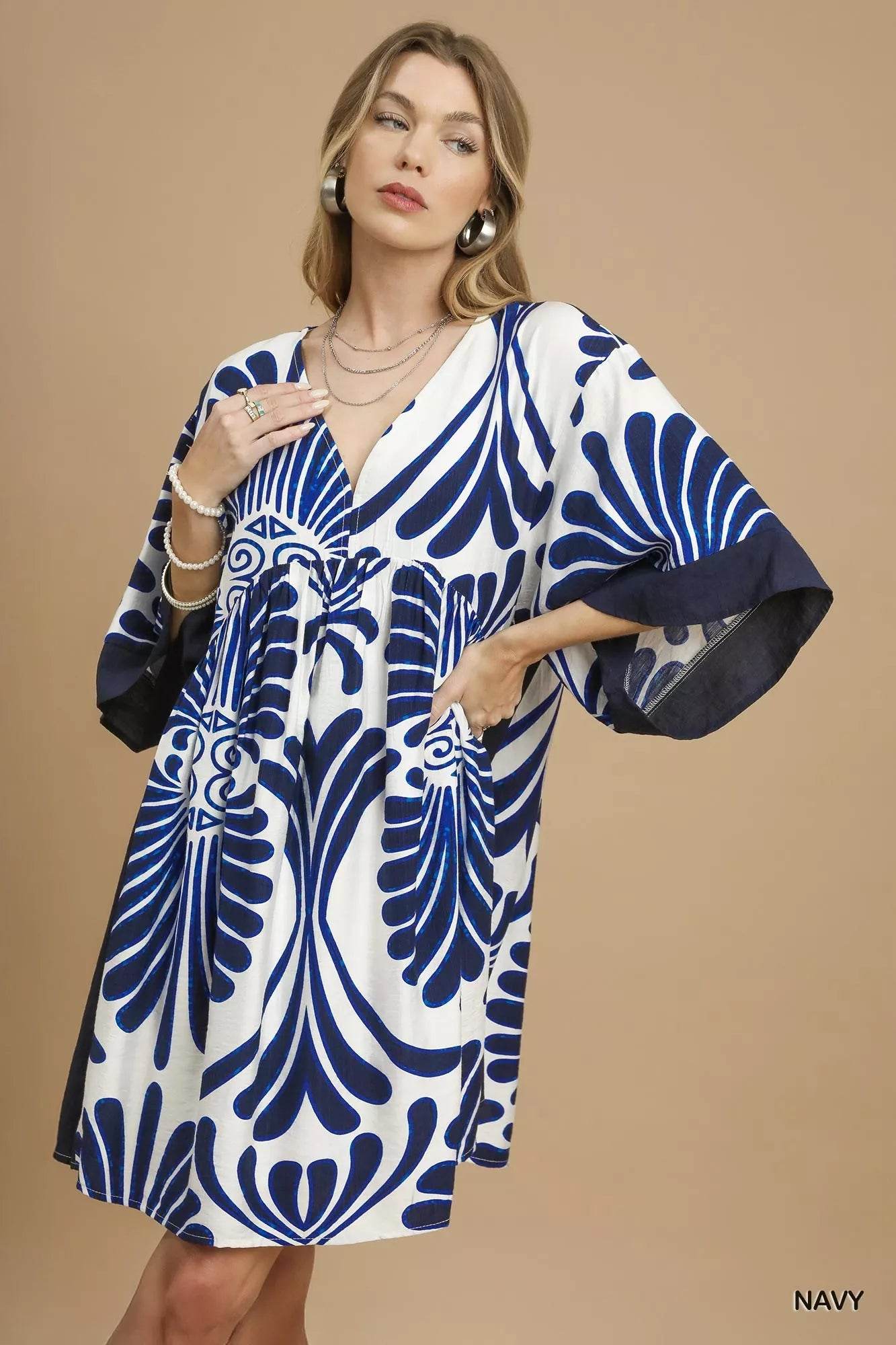 Umgee Abstract Print Kimono Sleeve Mini Dress - ELY VESSA LLC