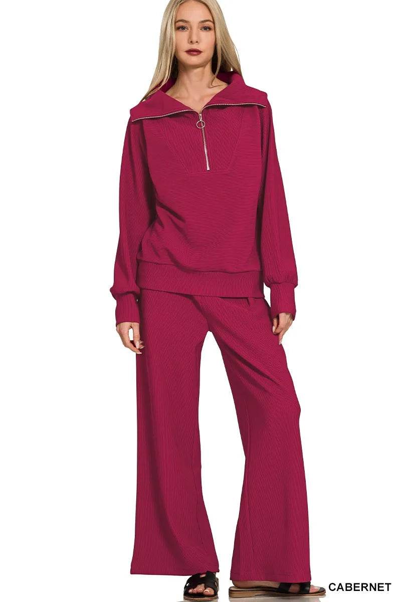 Zenana Ribbed High Neck Half Zip Pullover & Pants Set - ELY VESSA LLC